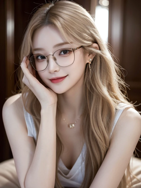 masterpiece, highest quality, High resolution,alone,Multiple hair colors, Very small earrings,artistic,Best lighting,casual,Flat Chest,Beautiful Face,expensive,smile,light makeup,Age 25,Calm woman,Face Focus,Detailed Hair,Laughing woman,amount,Wavy Hair,Woman wearing glasses,Woman in sleeveless,outside,morning
