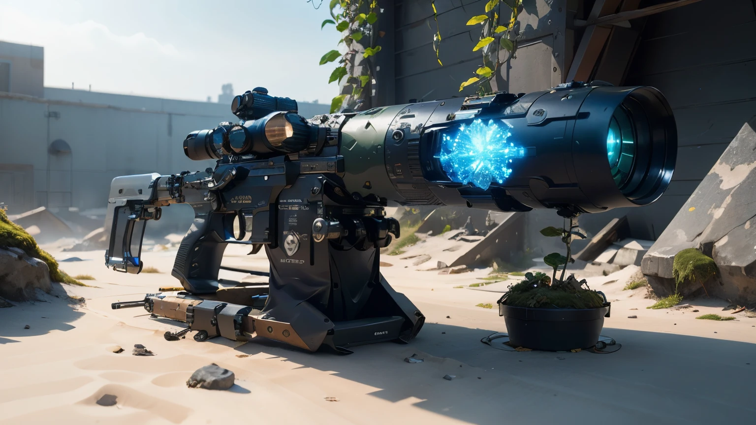 Concept gun design, Science Fiction，unmanned，Gun with plants and crystals，Gun with plants and crystals，The gun has a light，plasma，Plant and machine combination，moss，The vine plant attached to the gun，cgi，Realism，Stereo，Light and Shadow，HD，Extreme details，high resolution，Outdoor scene on the ground，Sniper Rifle