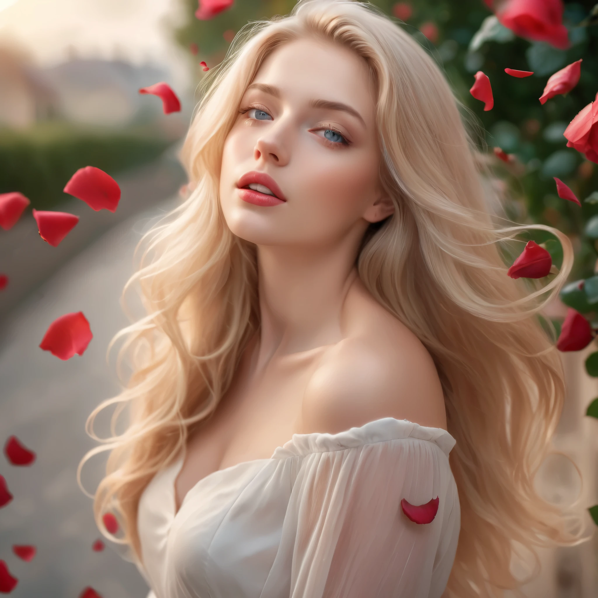 (best quality, realistic, ultra-detailed), a beautiful woman looking up, hair blowing in the wind, and red rose petals falling. perfect makeup, detailed eyes, and lips, long flowing blonde hair, graceful pose, vibrant colors, soft lighting, romantic atmosphere, elegant and confident expression, delicate features, flowing dress, natural surroundings, dreamy ambiance. canon eos r3, 20 megapixels