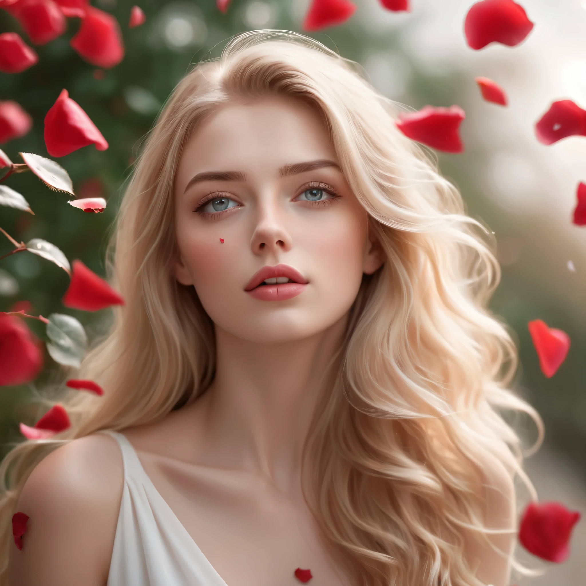 (best quality, realistic, ultra-detailed), a beautiful woman looking up, hair blowing in the wind, and red rose petals falling. perfect makeup, detailed eyes, and lips, long flowing blonde hair, graceful pose, vibrant colors, soft lighting, romantic atmosphere, elegant and confident expression, delicate features, flowing dress, natural surroundings, dreamy ambiance. canon eos r3, 20 megapixels