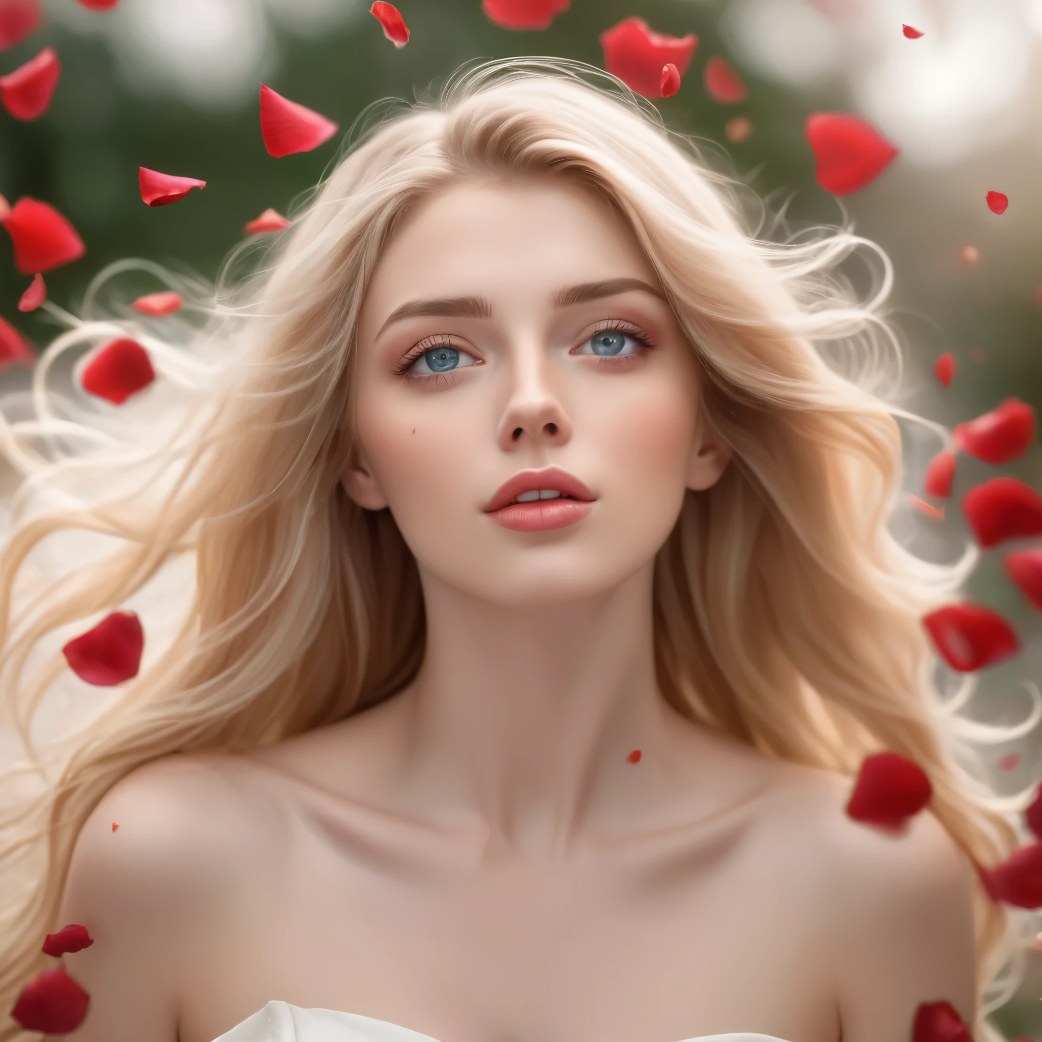 (best quality, realistic, ultra-detailed), a beautiful woman looking up, hair blowing in the wind, and red rose petals falling. perfect makeup, detailed eyes, and lips, long flowing blonde hair, graceful pose, vibrant colors, soft lighting, romantic atmosphere, elegant and confident expression, delicate features, flowing dress, natural surroundings, dreamy ambiance. canon eos r3, 20 megapixels