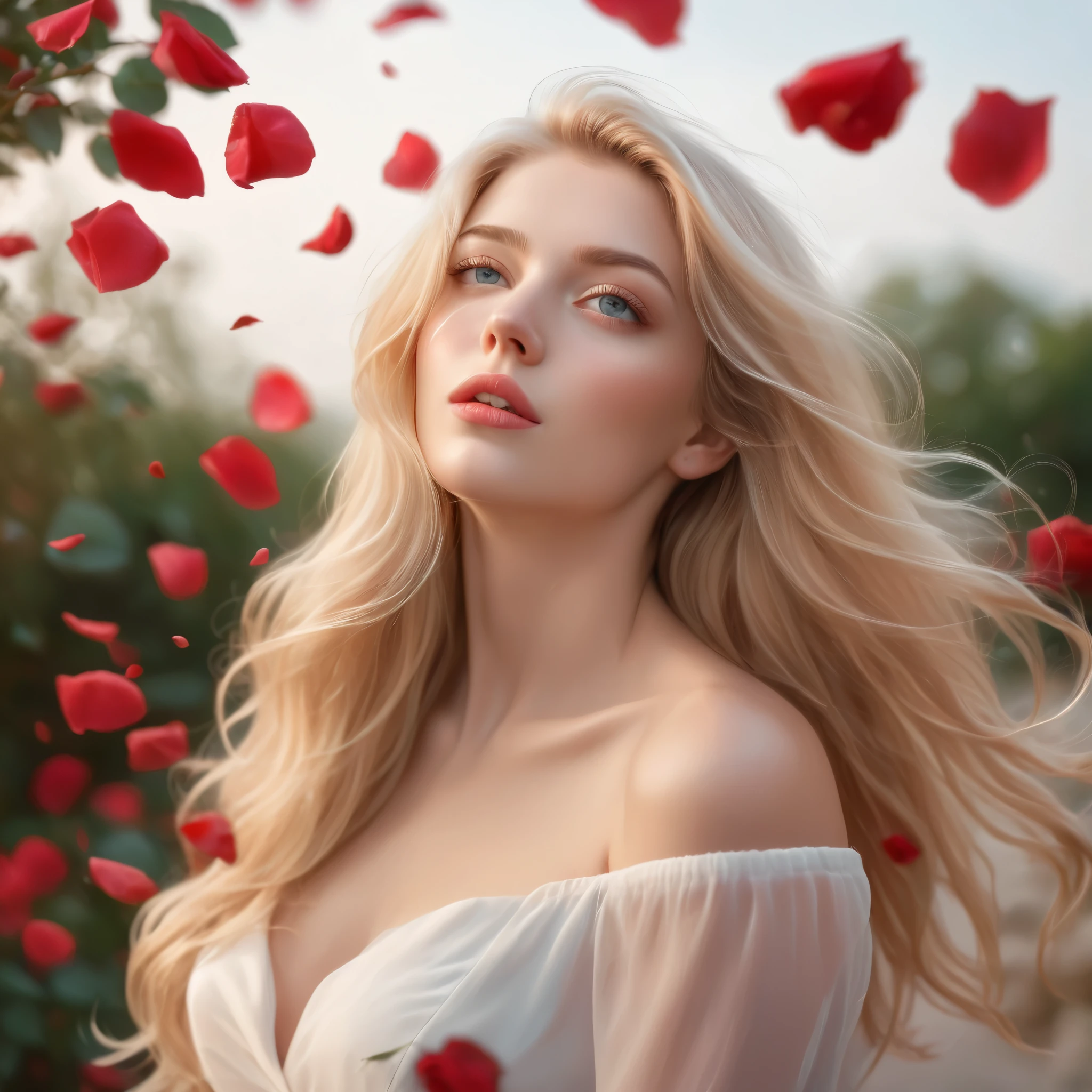 (best quality, realistic, ultra-detailed), a beautiful woman looking up, hair blowing in the wind, and red rose petals falling. perfect makeup, detailed eyes, and lips, long flowing blonde hair, graceful pose, vibrant colors, soft lighting, romantic atmosphere, elegant and confident expression, delicate features, flowing dress, natural surroundings, dreamy ambiance. canon eos r3, 20 megapixels
