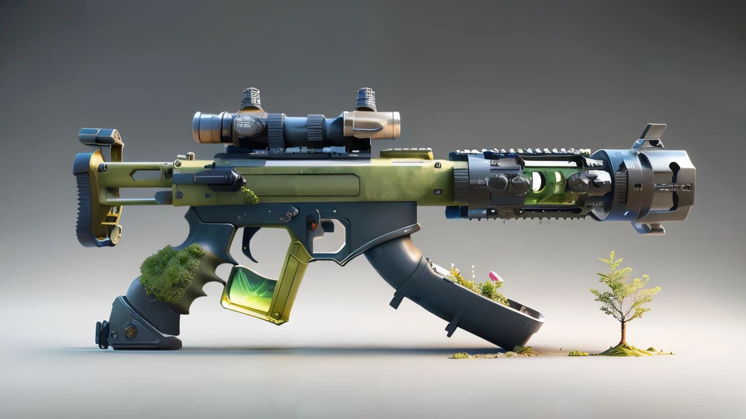 Concept gun design, Science Fiction，unmanned，Gun with plants and crystals，Gun with plants and crystals，The gun has a light，plasma，Plant and machine combination，moss，The vine plant attached to the gun，cgi，Realism，Stereo，Light and Shadow，HD，Extreme details，high resolution，Outdoor scene on the ground，Furry Sniper Rifle