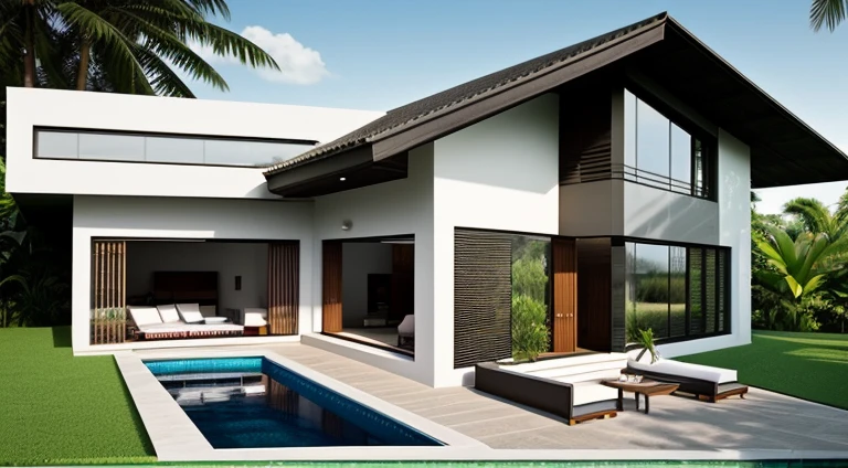 modern villa, pristine, grass, swimming pool, terrace with outdoor sitting space, in the style of bohemian chic and japandi, lush tropical background, architectural details, highly detailed