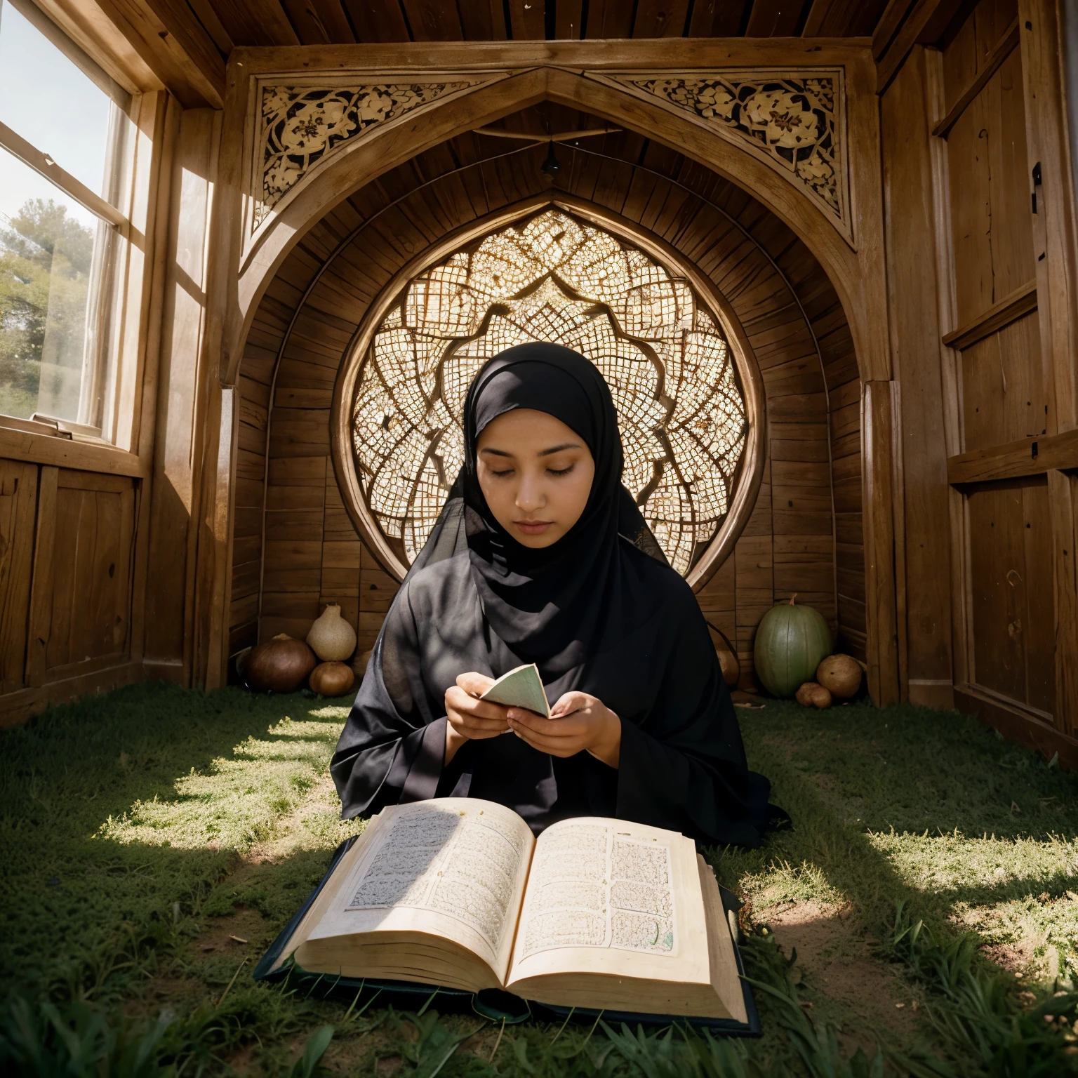 AI image "A veiled Muslim woman is reciting the Quran in an onion-shaped room in a field"
