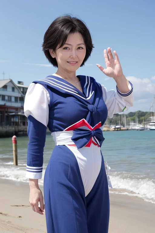 One woman, highest quality, 8k, High resolution, Very detailed, Realistic:1.37, anti-gravity environment, Beautiful Japanese Women, Mature Woman, Lady, Elderly woman, 55-year-old married woman, May Pokemon, Mature Woman, Japanese Mature, blue eyes, (Sailor Mercury:1.4), Pose with your arms raised, chest, chestの谷間, Thighs, Beach,