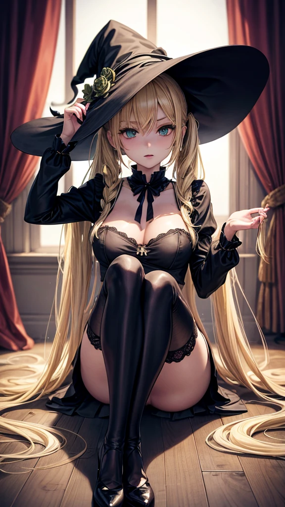 very slender. Long, blonde hair. She has green eyes. pigtails tied wearing a large witch hat. Wearing a sexy witch outfit with knee high heel, sitting on the floor