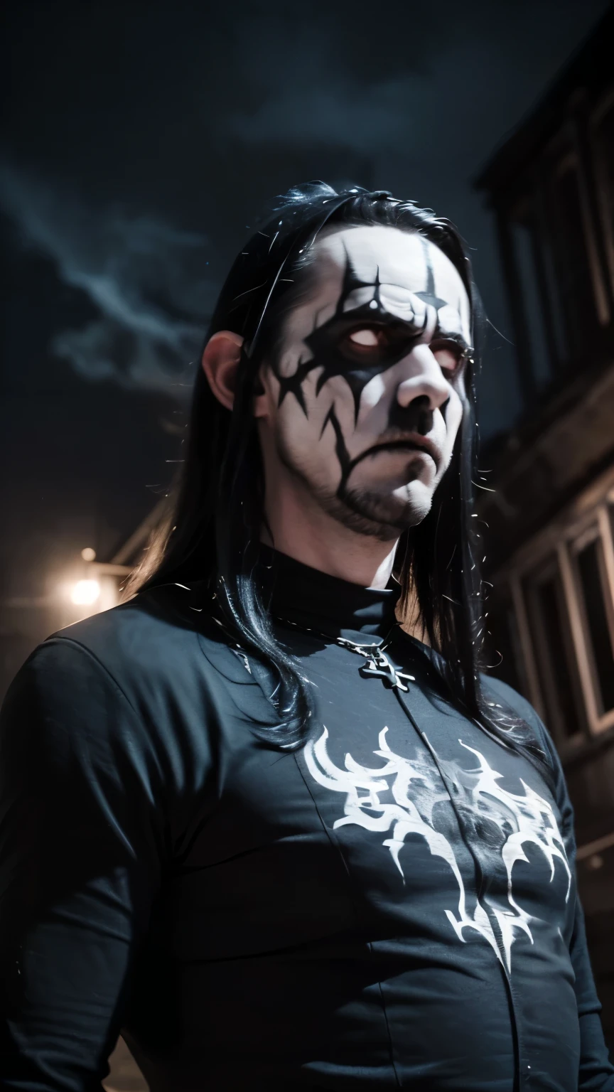 (masterpiece, best quality:1.2), (((1man, male))) , solo, highres, best quality, Half body shot of a strong Man, pale white skin angry man with (((black metal corpsy paint))), ((wtruff4 face, Angry face)) , heavy White and ((Black face paint, corpse paint)) wearing a black and silver armor, spike, in a gothic cemitery, at night, horror movie. high details, super detail, textured skin, masterpiece, UHD, 4K, 8k. ((Cinematic lighting)). Church on fire background 