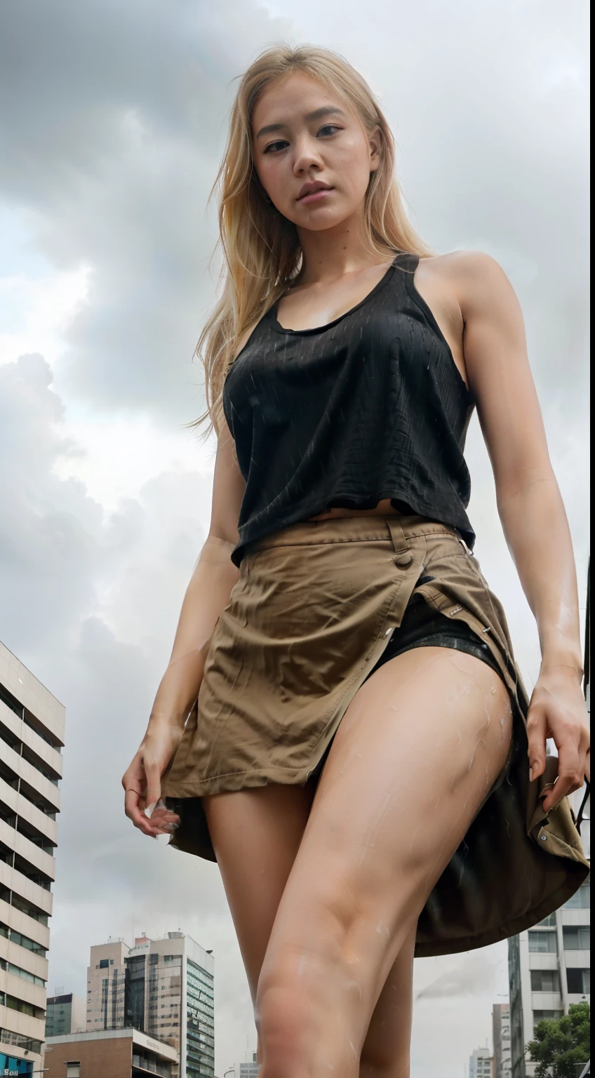 "A Korean beautiful girl Giantess ((rain)) in a cool and laid-back hippie style is rocking a wet thin white tank top and thin chlote pink miniskirt.((realistic)), ((blonde hair colour)), Her toned and athletic build hints at her massive strength. She seems to be casually strolling through the bustling cityscape of GTS City, as towering buildings loom overhead. Smoke and clouds roil around her, adding to the sense of epic scale and drama. The lighting is dark, gloomy, and realistic, creating a tense and ominous atmosphere. The perspective is from below, emphasizing the sheer majesty and power of the Giantess."