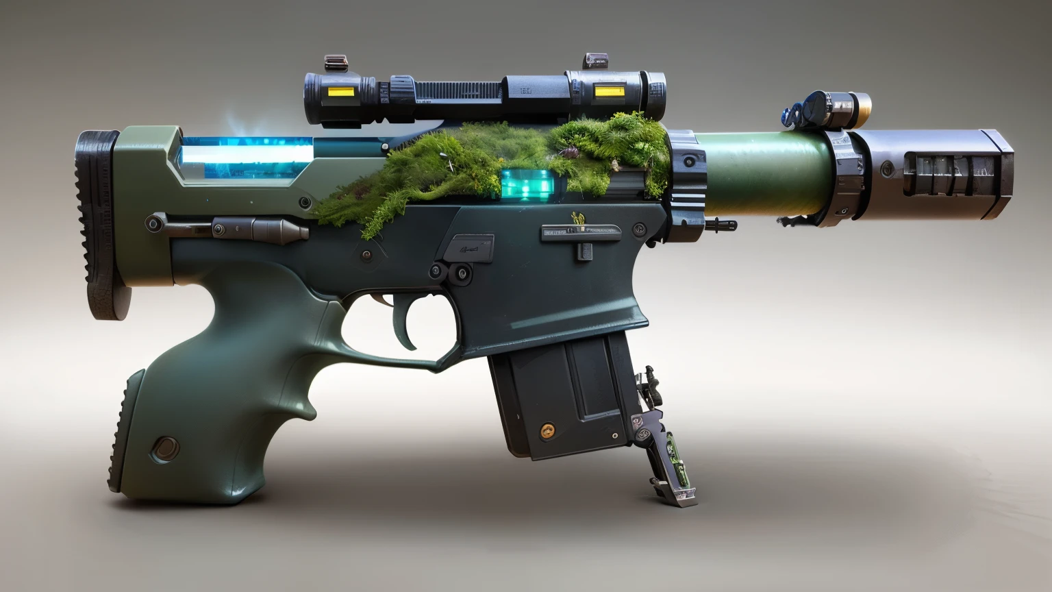 Concept gun design, Science Fiction，unmanned，Gun with plants and crystals，Gun with plants and crystals，The gun has a light，plasma，Plant and machine combination，moss，The vine plant attached to the gun，cgi，Realism，Stereo，Light and Shadow，HD，Extreme details，high resolution，Outdoor scene on the ground，Furry Sniper Rifle