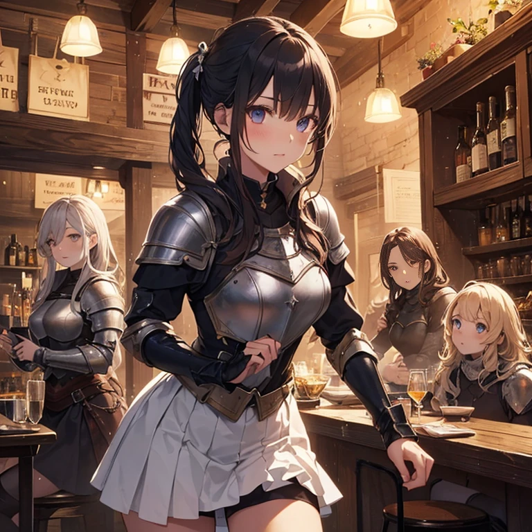 A group of female medieval fantasy adventurers, (in tavern), various hair styles, harem, night, details face, short skirt, seducing, armor