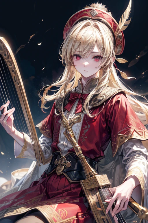 a highly detailed portrait of a beautiful young man with blonde hair and red eyes, wearing a bard's clothing and holding a harp, with a feather hat, (best quality, 4k, 8k, highres, masterpiece:1.2), ultra-detailed, (realistic, photorealistic, photo-realistic:1.37), (anime), (adult), cinematic lighting, dramatic shadows, vibrant colors, intricate details