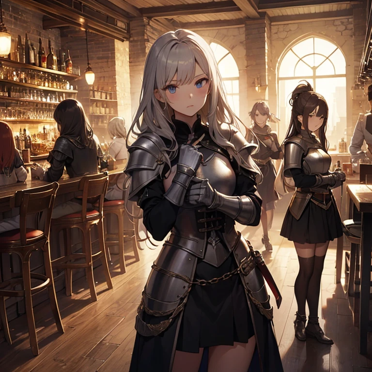 A group of female medieval fantasy adventurers, (in tavern), various hair styles, harem, night, details face, short skirt, seducing, armor
