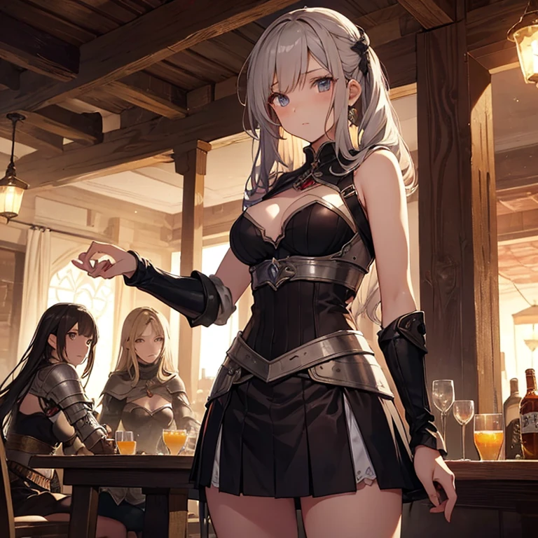 A group of  female medieval fantasy adventurers, (in tavern), various hair styles, harem, night, details face, short skirt, seducing, armor 