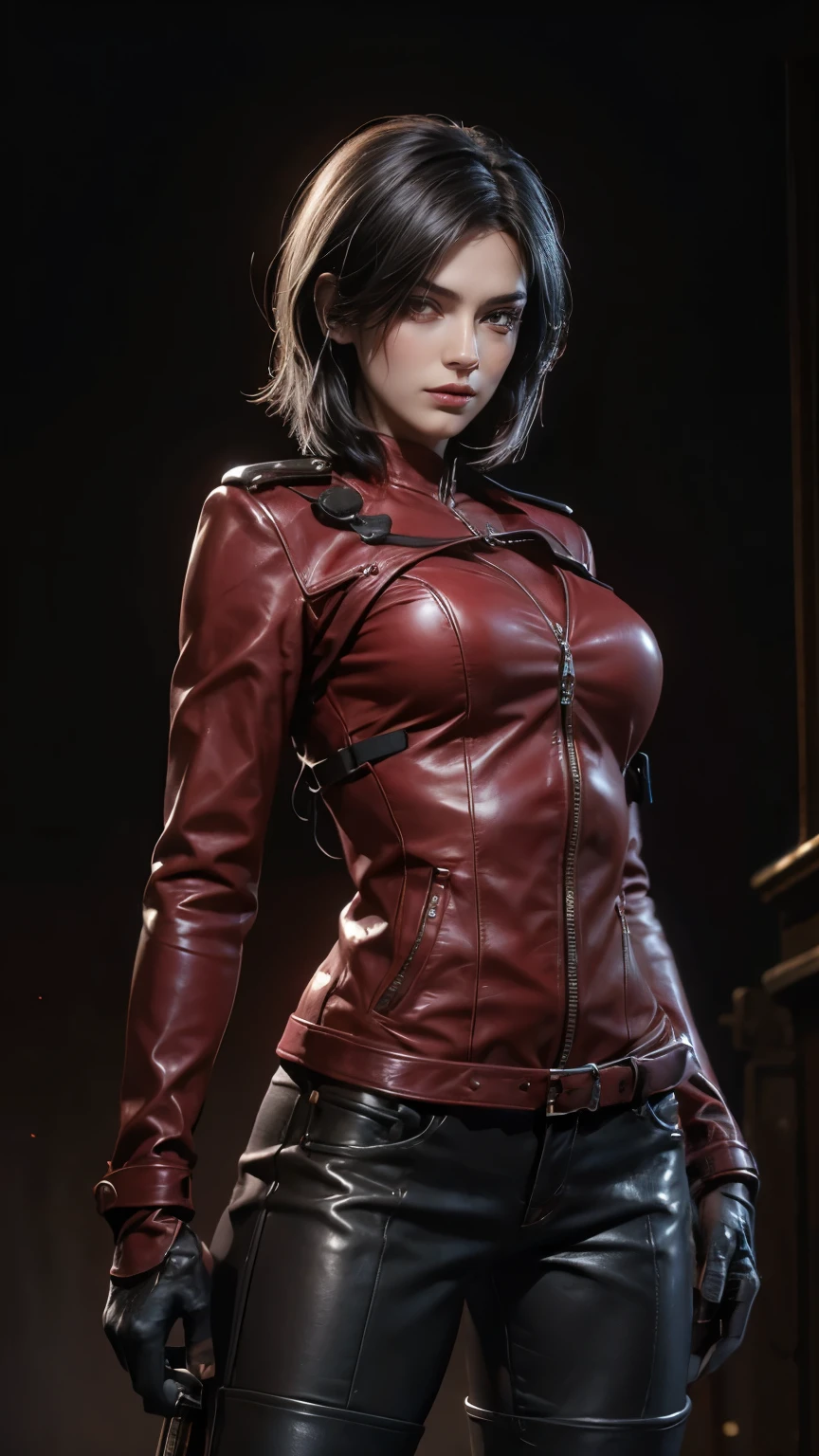 A beautiful 25 year old British female vampire mercenary with short dark hair, Pale skin, Wearing a red leather jacket and tight black pants, Carrying dual pistols, View from the front, Waist up shot, Dynamic pose, Ambient Lighting, Photographic realism, Intricate facial details, Exquisite handcrafted details, Very detailed, Vibrant colors, Cinematic, High resolution, Trending Style Raw on Artstation