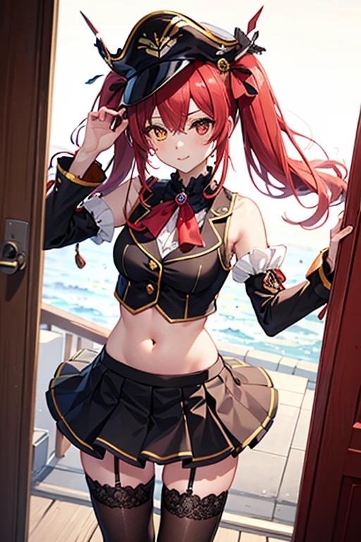 Belly-baring stockings　Twin tails　Hair color is wine red　Red ribbon hair ornament　black pirate hat　Houshou Marine　Left eye is yellow　Right eye is red　No sleeve　Short skirt　The color of the dress is wine red