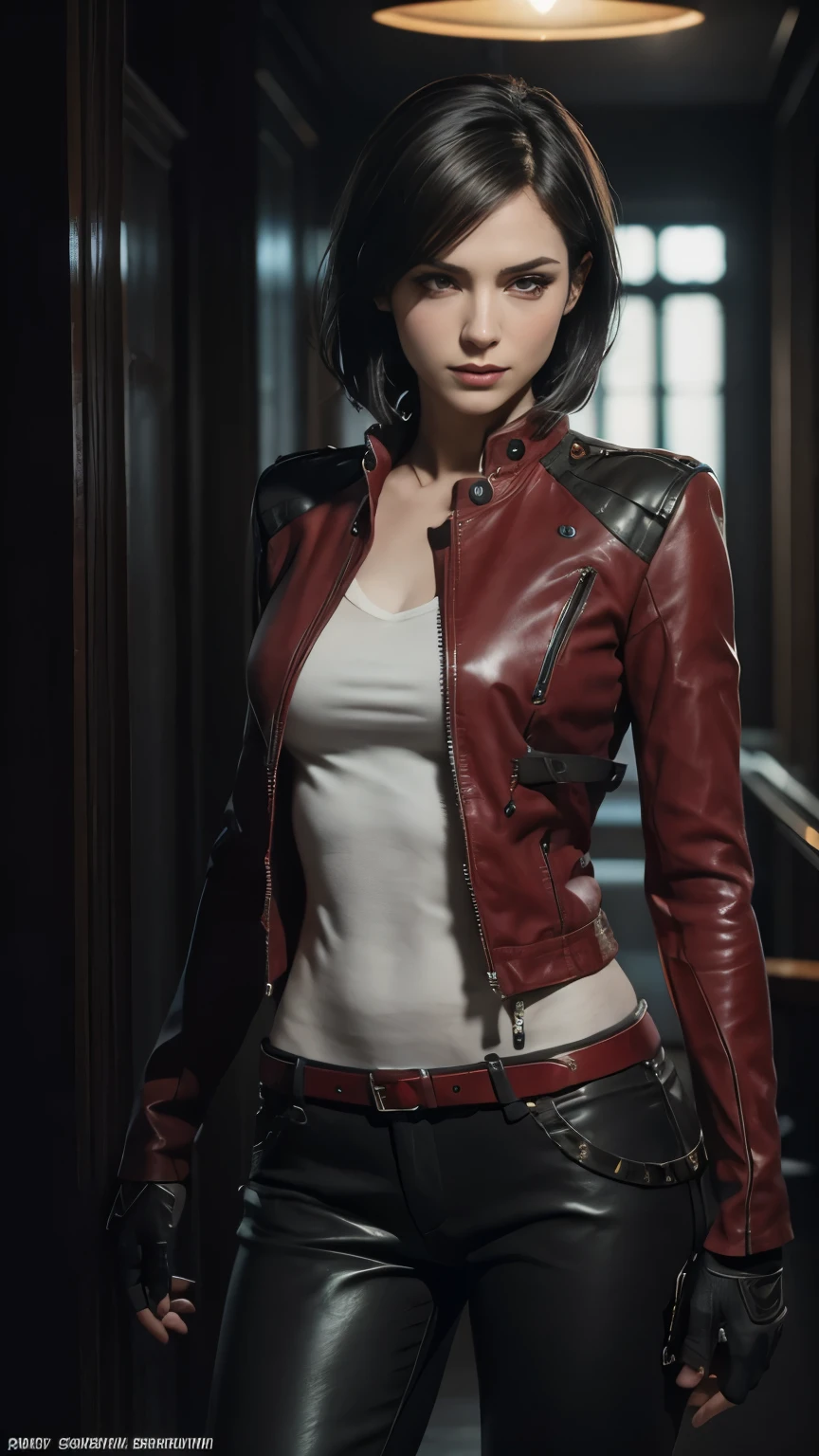 A beautiful 25 year old British female vampire mercenary with short dark hair, Pale skin, Wearing a red leather jacket and tight black pants, Carrying dual pistols, View from the front, Waist up shot, Dynamic pose, Ambient Lighting, Photographic realism, Intricate facial details, Exquisite handcrafted details, Very detailed, Vibrant colors, Cinematic, High resolution, Trending Style Raw on Artstation