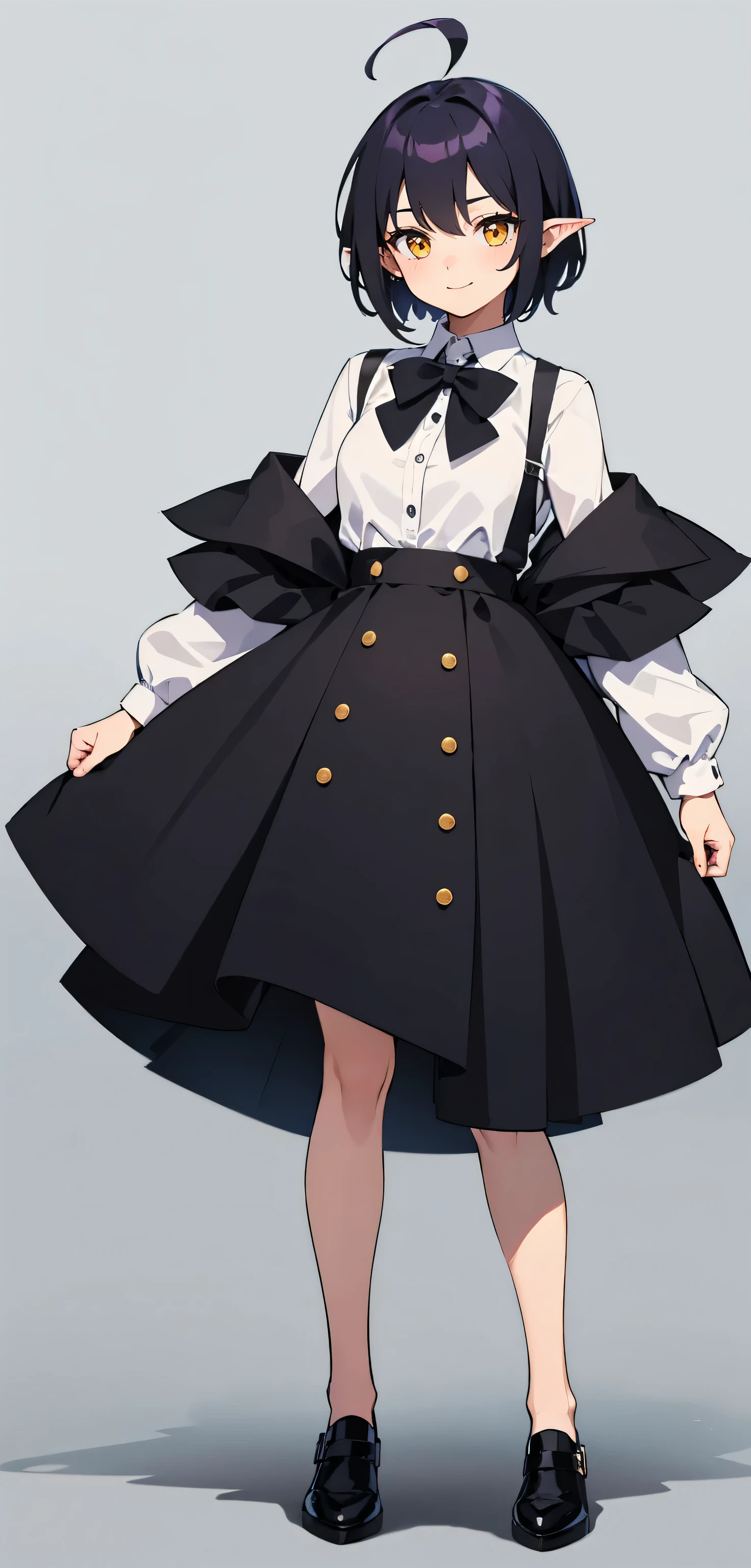 Simple white background, Are standing, whole body, upright, Look forward, shoes, One Woman, Black hair mixed with purple, Short hair up to the shoulders, Hair between the eyes, Ahoge, Yellow Eyes, Pointy Ears, Tight white shirt and black bow tie, tight black skirt, Place your arms at your sides, Open chest, Adorable smile, masterpiece, high quality, whole body, Wearing shoes, Look forward, Are standing,Simple white background, View your audience