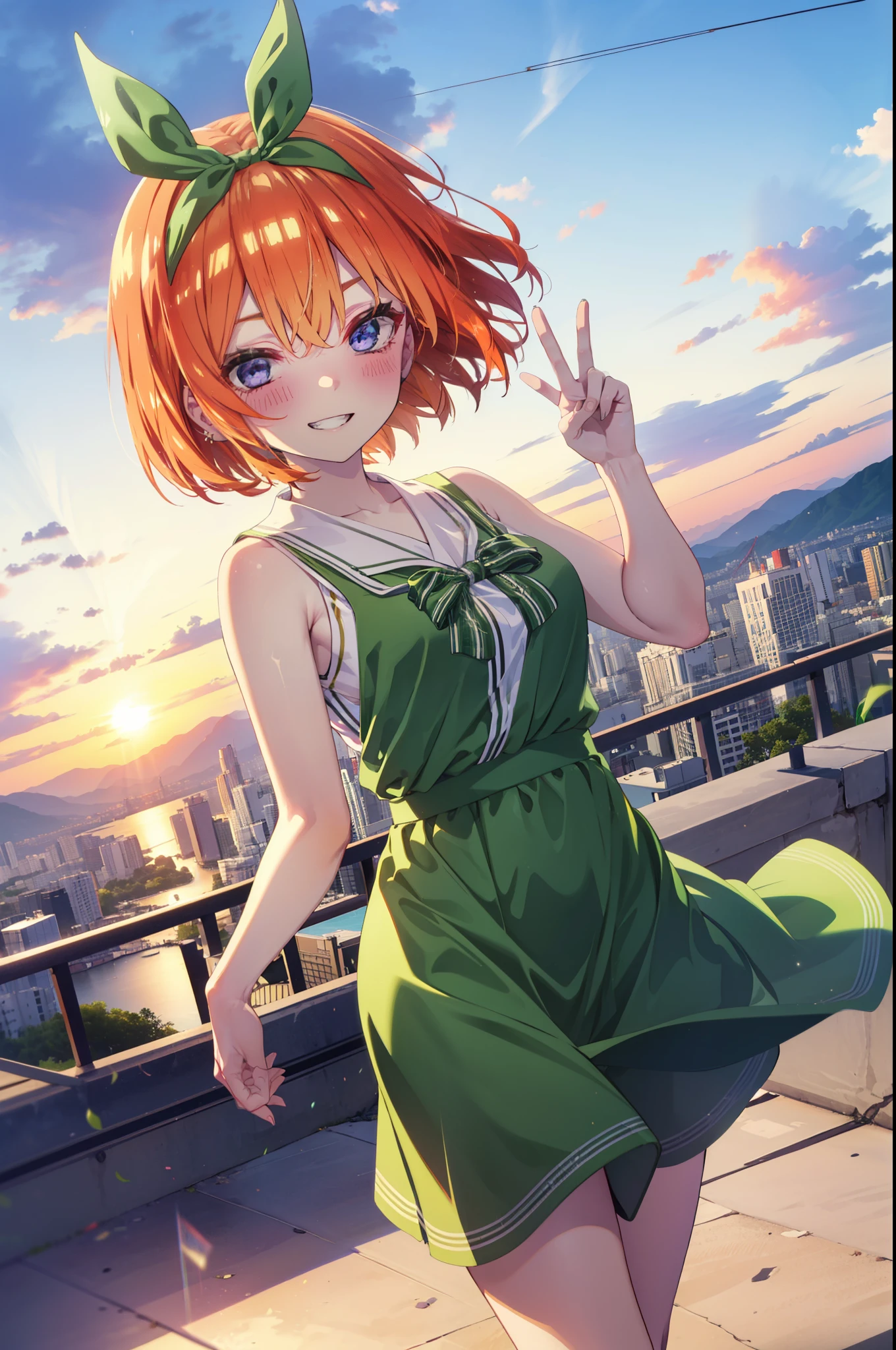 yotsubanakano, yotsuba nakano, bangs, short hair, blue eyes, Hair between the eyes, Hair Ribbon, hair band, Orange Hair, (Green ribbon:1.5), smile, Grin,smile,Sleeveless green dress,Bare arms,Green long skirt,Cute heeled sandals,Holding a peace sign with his right hand,sunset,evening,The sun goes down,My hair is blowing in the wind,whole bodyがイラストに入るように,Looking down from above,
break outdoors, city,海岸通り
break looking at viewer, whole body,
break (masterpiece:1.2), highest quality, High resolution, unity 8k wallpaper, (shape:0.8), (Beautiful details:1.6), Highly detailed face, Perfect lighting, Extremely detailed CG, (Perfect hands, Perfect Anatomy),