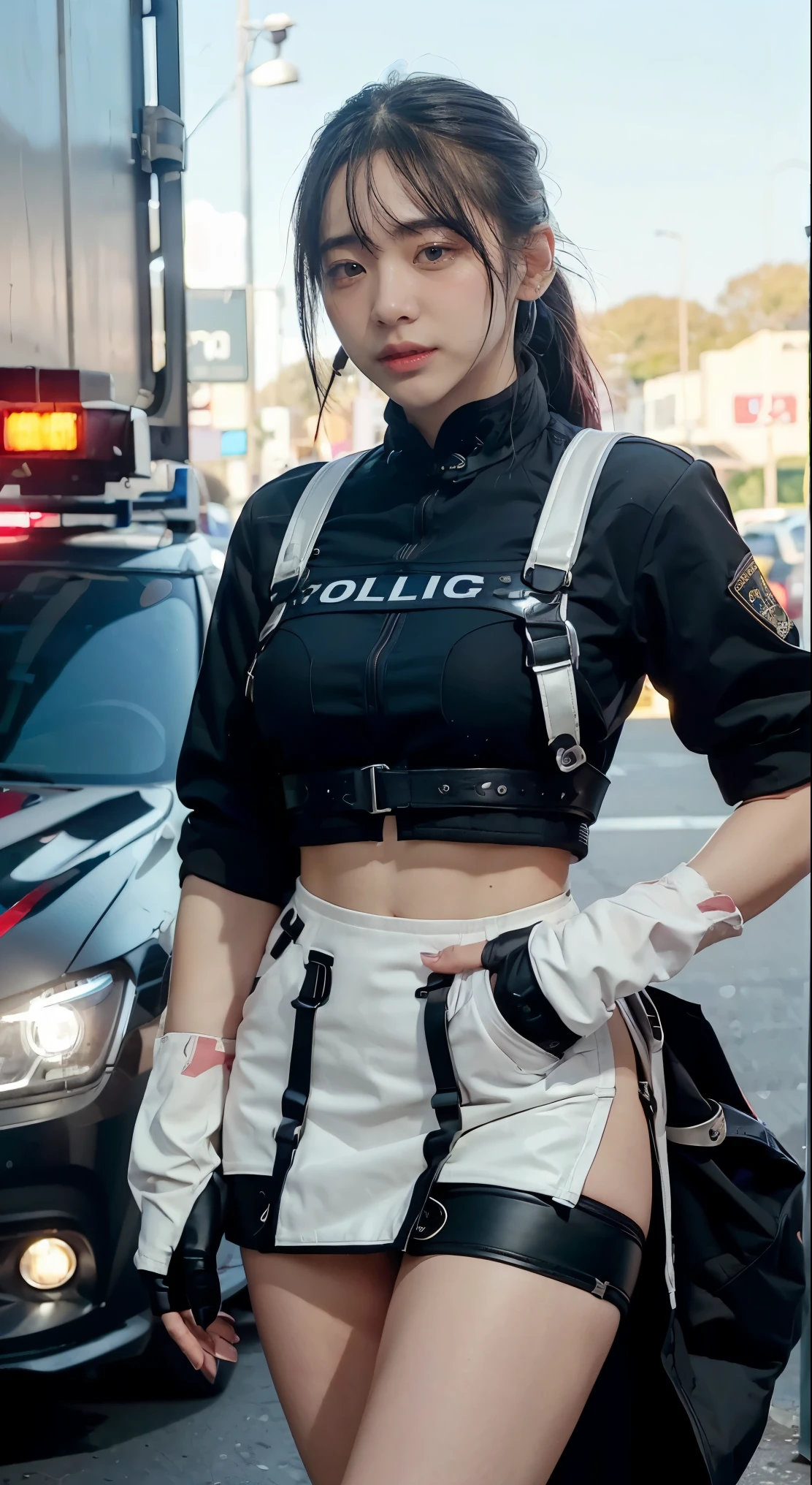 Lisa black pink,(Top Quality, Ultra High Definition, Photorealistic:1.4), (cowboy shot:1), 1 Beautiful Armed Girl, (Kpop Idol), Detailed Face, (Hair Style: long hair blonde:1, fullbang, shortbob-style:1), Contrapposto, Perfect Anatomy, ((wearing Futuristic Police Racing Suits, low-mini-skirt, police wappen, High-tech Headset, military harness, racing gloves, )), (Cloths colors based on silver pink black white), (background, crashed cars, fire, (Explosion)),