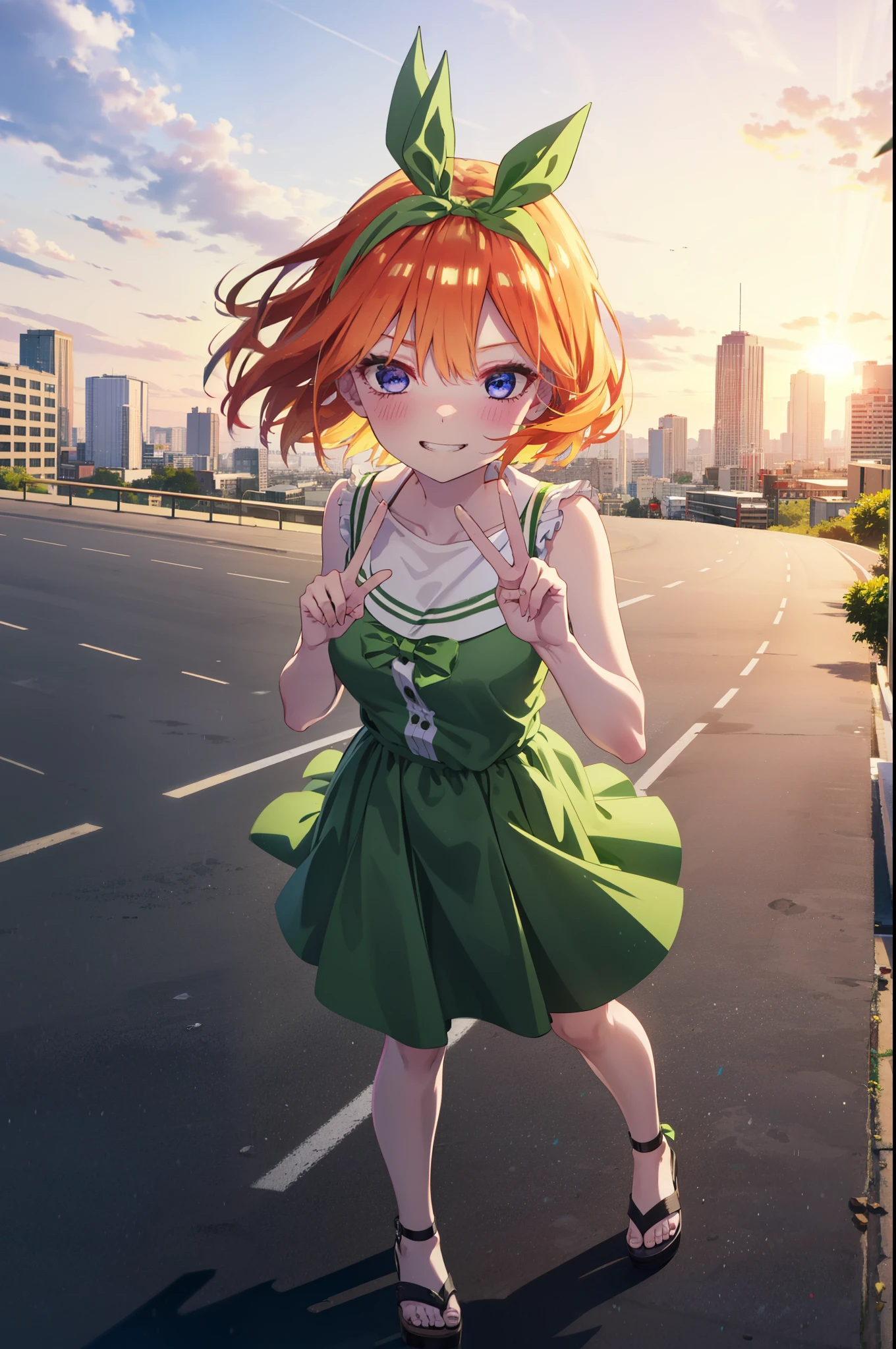 yotsubanakano, yotsuba nakano, bangs, short hair, blue eyes, Hair between the eyes, Hair Ribbon, hair band, Orange Hair, (Green ribbon:1.5), smile, Grin,smile,Sleeveless green dress,Bare arms,Green long skirt,Cute heeled sandals,Holding a peace sign with his right hand,sunset,evening,The sun goes down,My hair is blowing in the wind,whole bodyがイラストに入るように,Looking down from above,
break outdoors, city,海岸通り
break looking at viewer, whole body,
break (masterpiece:1.2), highest quality, High resolution, unity 8k wallpaper, (shape:0.8), (Beautiful details:1.6), Highly detailed face, Perfect lighting, Extremely detailed CG, (Perfect hands, Perfect Anatomy),