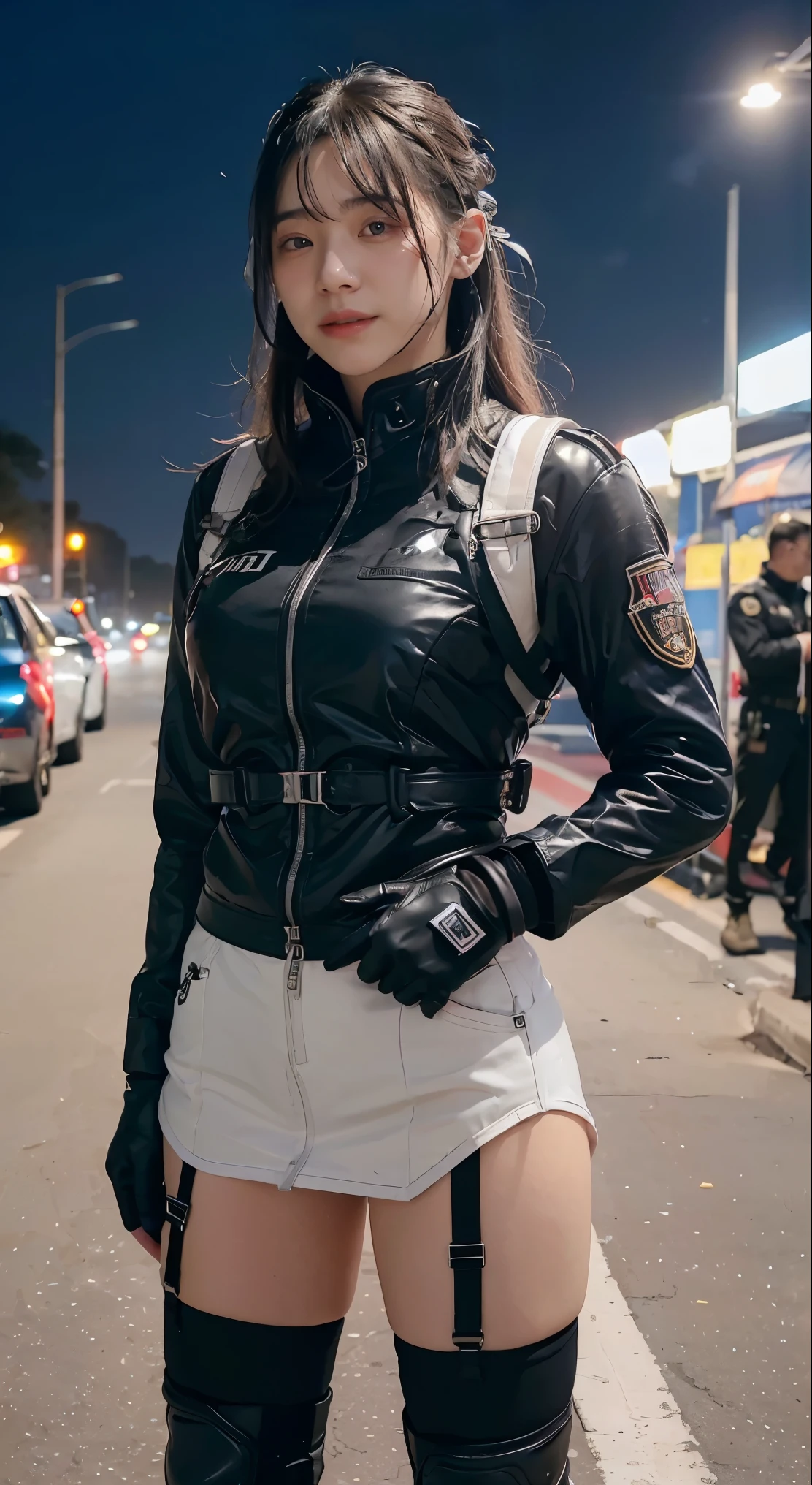 Lisa black pink,(Top Quality, Ultra High Definition, Photorealistic:1.4), (cowboy shot:1), 1 Beautiful Armed Girl, (Kpop Idol), Detailed Face, (Hair Style: long hair blonde:1, fullbang, shortbob-style:1), Contrapposto, Perfect Anatomy, ((wearing Futuristic Police Racing Suits, low-mini-skirt, police wappen, High-tech Headset, military harness, racing gloves, )), (Cloths colors based on silver pink black white), (background, crashed cars, fire, (Explosion)),