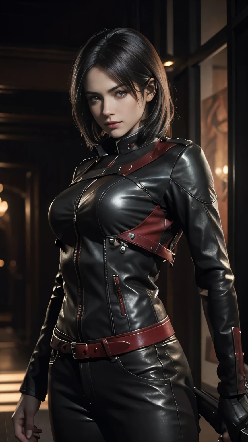 A beautiful 25 year old British female vampire mercenary with short dark hair, Pale skin, Wearing a red leather jacket and tight black pants, Carrying dual pistols, View from the front, Waist up shot, Dynamic pose, Ambient Lighting, Photographic realism, Intricate facial details, Exquisite handcrafted details, Very detailed, Vibrant colors, Cinematic, High resolution, Trending Style Raw on Artstation