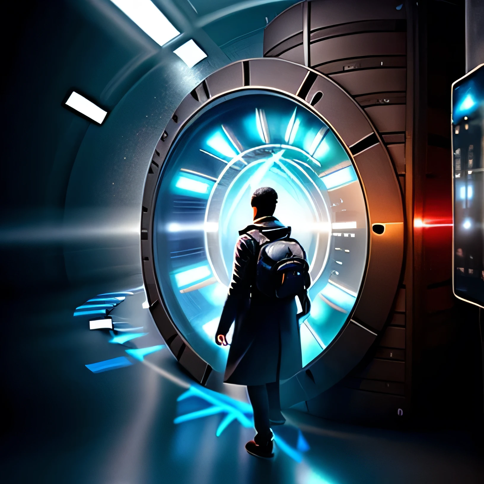 A man in a coat and backpack walking through a tunnel, viajantes do tempo, Viagem no tempo, time vortex in the background, viajante do tempo, Tema Viagem no Tempo, spirits coming out of portal, Viajantes do tempo aparecem em um parque, magic portal to another world, Portal para outro mundo, magical glowing time portal, memory trapped in eternal time, Time travel machine, Viaje no Tempo