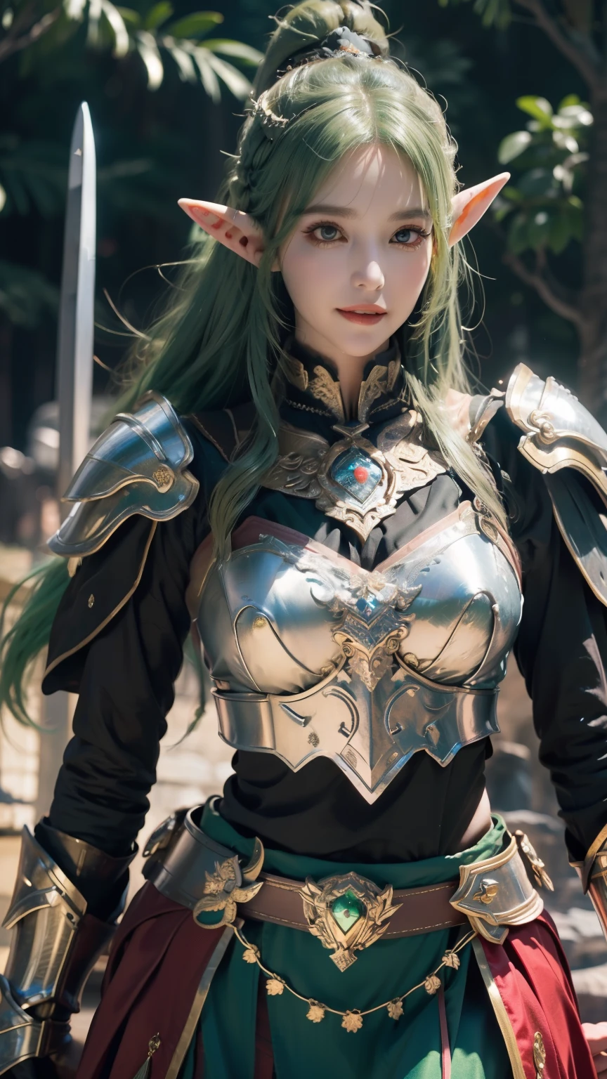 (((masterpiece))),(((Elven Warrior))),The best quality at its best,High resolution,8k,(masterpiece:1.2), (highest quality:1.2), Perfect Eyes, Perfect Face, Volumetric lighting, One Woman, Mature Female Warrior, Mature Woman, armor, Robe, Shoulder rest, Club, belt, Fantasy, Outdoor, Detailed Background, compensate, lipstick, eye shadow, mascara, Thick eyelashes、whole body、smile、Smile、whole body、Long skirt、(((Berserker))),((Delicate hands holding a sword)),breastplate,((Big eyes)),((Big Breasts)).((Green Hair)),Westerners、