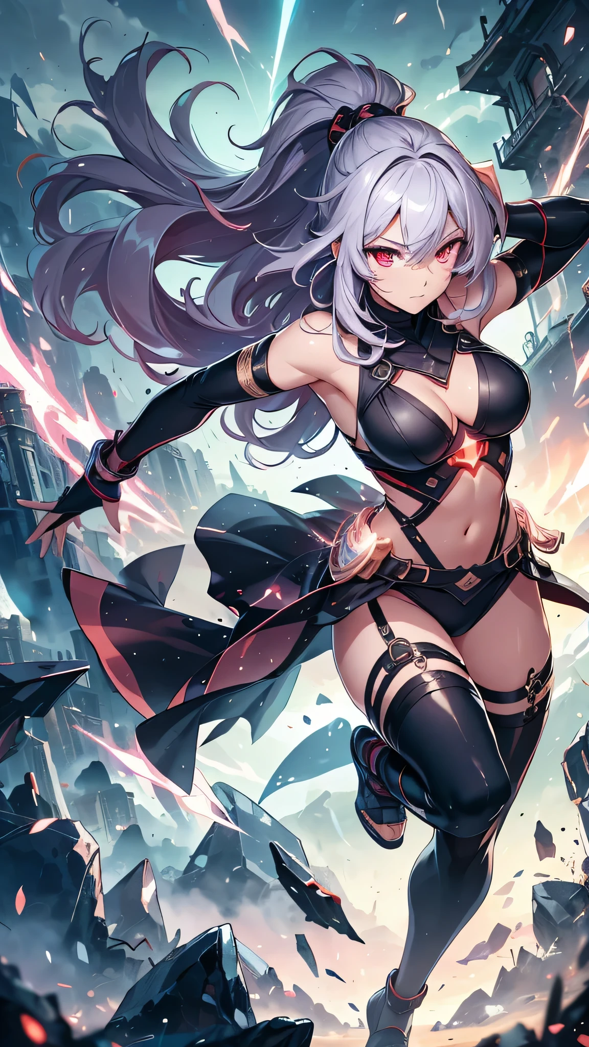 Highest quality、Highest quality、Masterpiece、girl((Age 25、as soon as、Highest Bust、Medium Bust、Wide open chest、Red glowing eyes、Black Ear、Red Mesh、Disheveled Hair、Loincloth、thin、The best valley、Open chest、Luminous Wristbands、hair ornaments、Full body view、Tank top、Black ninja costume、scar、Full body scar、Fighting Pose))、high quality、Beautiful Art、background((night、Ninja World))、flight、Flying Debris、Depth of text、movie、Visual Arts、Perfect Art、8K、Genuine、