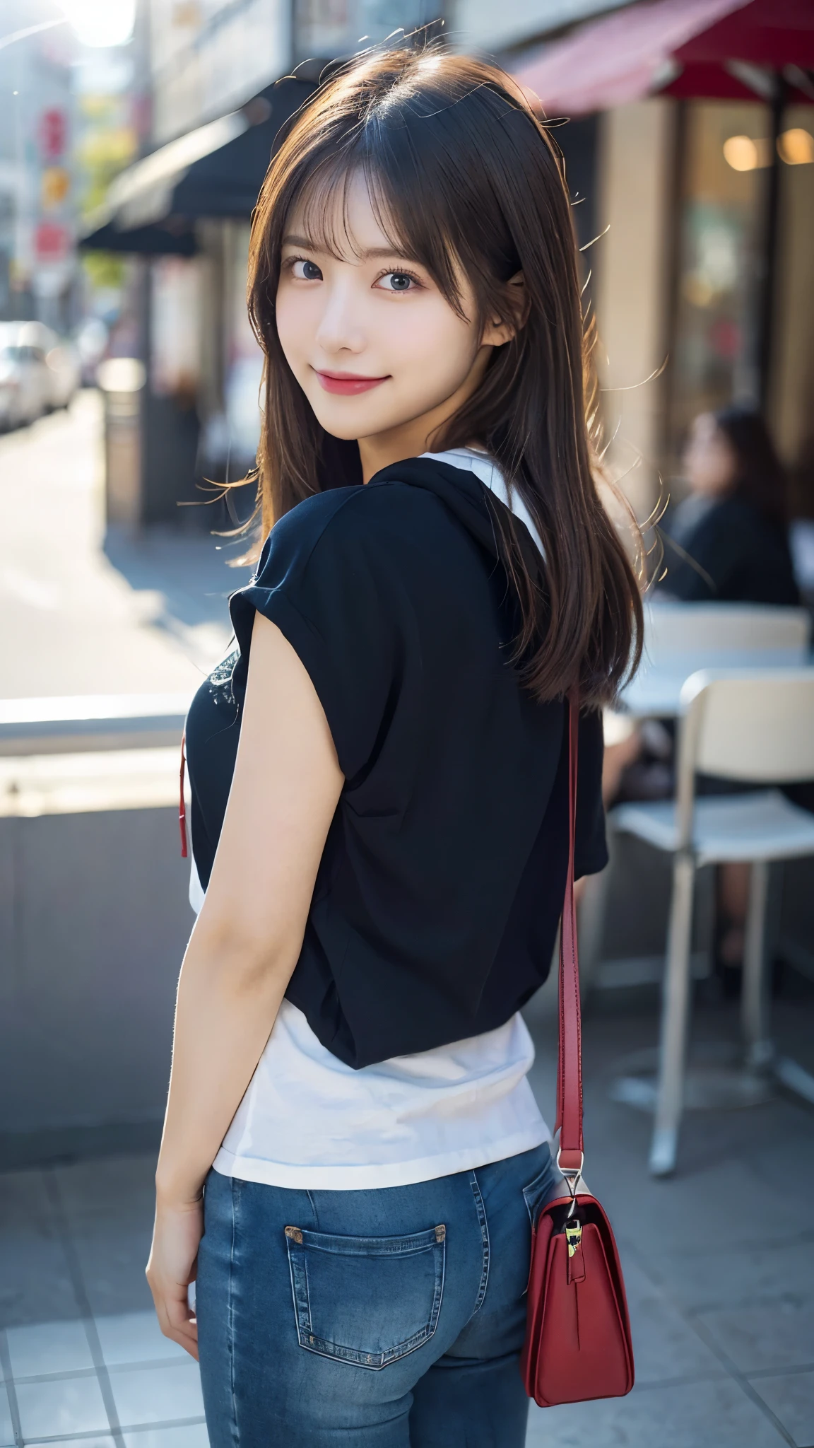 ((hoodie))、Skinny jeans、(smile)、Fashionable café background、Standing with the whole body facing forward、(top-quality,masterpiece:1.3,超A high resolution,),(ultra-detailliert,Caustics),(Photorealsitic:1.4,RAW shooting,)Ultra-realistic capture,A highly detailed,High resolution 16K human skin closeup、 Skin texture is natural、、The skin looks healthy with an even tone、 Use natural light and color,1 girl,japanes,23years old,kawaii,A dark-haired,(depth of fields、chromatic abberation、、Wide range of lighting、Natural Shading、
、DSLR、50mm,f1.8, ((medium hair))、((FULL SHOT))、((Sunlight))、(((backlighting)))、Wearing a red bag on your shoulder、Straight Hair、