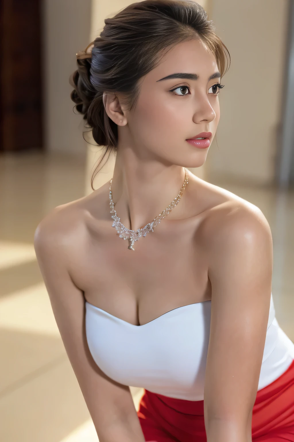 (realistic), (high quality) a lady doing bending slightly forward in a strapless, big breast, cleavage, pale skinned, necklace, side view