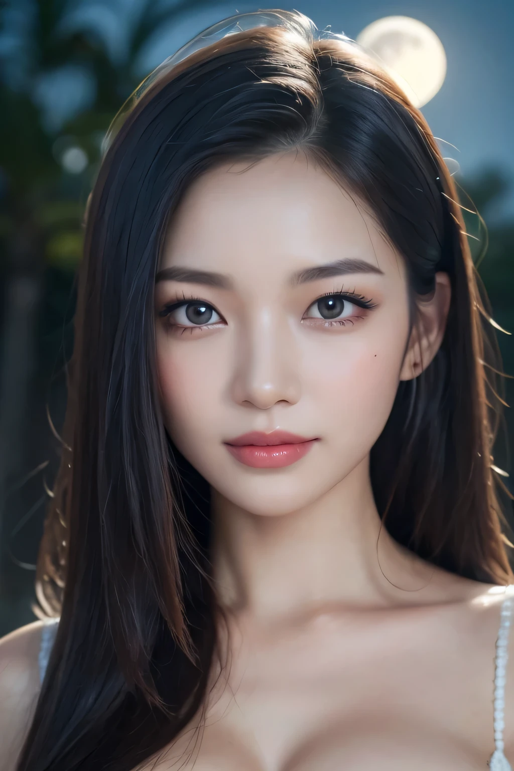 Body portrait, 8K, thin and beautiful eyes, Dindal effect, masterpiece, top quality, high quality, high resolution, very detailed photo, (natural skin texture, fine skin, hyper realism, super sharpness), high detail skin, (very fine, fine skin texture, intricate details, beautiful face, (realistic face), realistic eyes, beautifully detailed eyes, realistic skin, beautiful skin, surreal, very detailed Golden ratio, smiling eyes, ((night moonlight background) )), body portrait, G cup, big breasts, huge breasts, big breasts, glamorous, sexy knit dress,