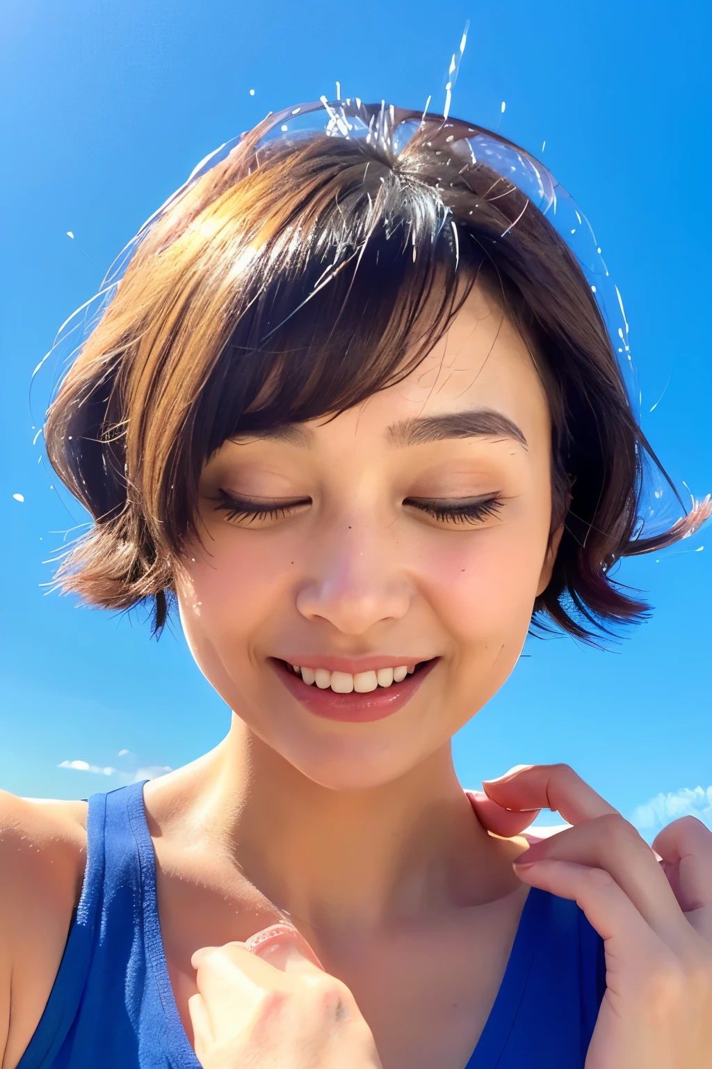 software:1.8、masterpiece, highest quality),1 girl, alone, hyper Realistic, Realistic,Realistic, Looking at the audience, Light brown eyes:1.4,Brunette Short Bob Hair with highly detailed shiny hair, bright red clothes:1.4, Lepangas:1.4), Mouth closed, Upper Body、big chest eye、eyelash、{Hugeな|big chest|Hugeなな|Mega} whole :2, chestの谷間:2、(((Add highlights to the eyes:1.4、big chest eye、Short Bob Hair、Glowing Skin:1.4、Looking at the audience、She is very 美しい and cute、Show me your ears、Beautiful long neck、smile、Close your mouth and smile、Bangs and beautiful teeth)))、Ideal body type、((Very beautiful blue sky background:2、Simple blue sky landscape:2、Very simple blue sky background:2))、Beautiful long neck:1.4、(({Huge|big|Hugeな|Mega} chest, chestの谷間:2))、(((Portraiture:2、Face close-up:2、Face close-up:2)))、Perfect Anatomy
