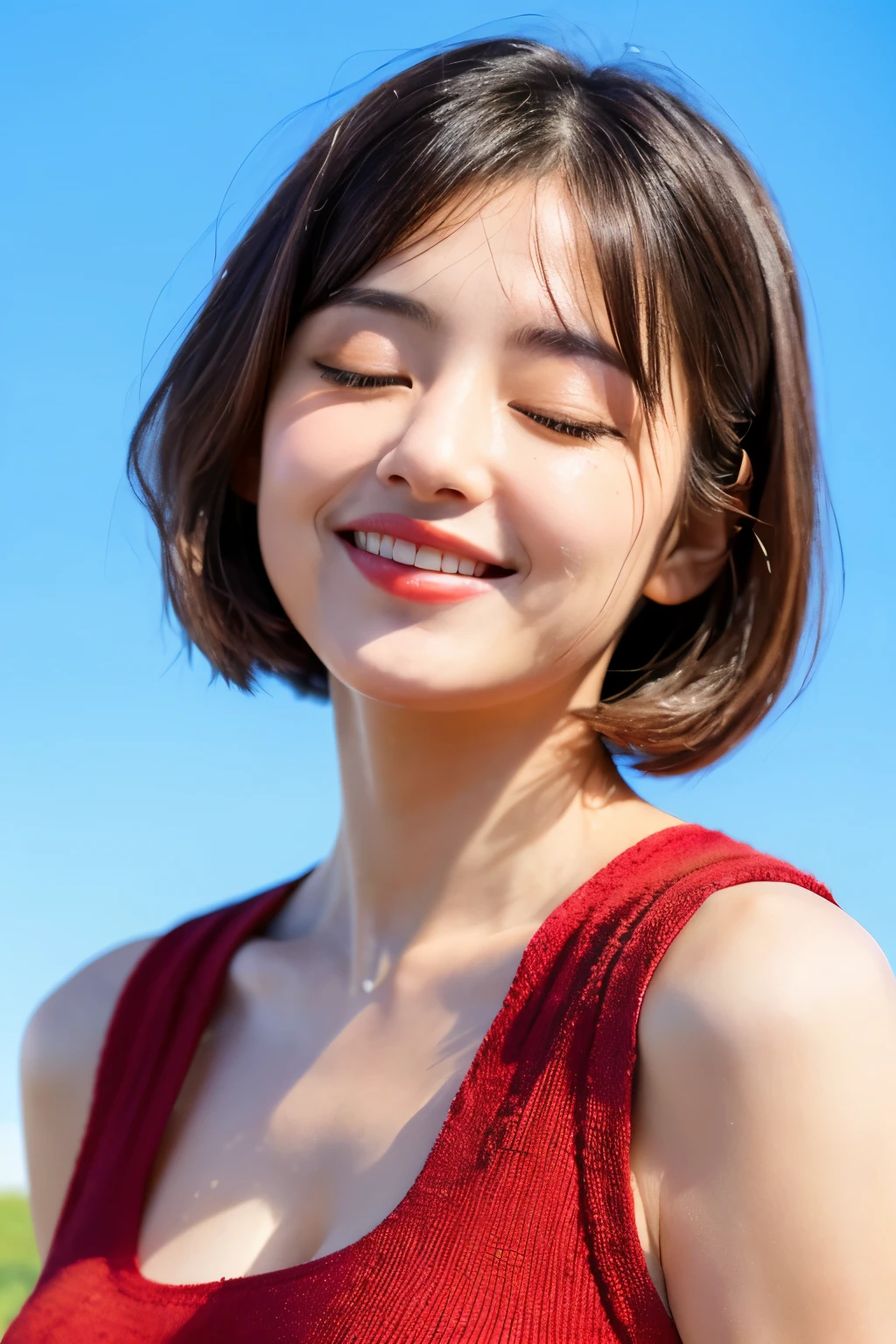software:1.8、masterpiece, highest quality),1 girl, alone, hyper Realistic, Realistic,Realistic, Looking at the audience, Light brown eyes:1.4,Brunette Short Bob Hair with highly detailed shiny hair, bright red clothes:1.4, Lepangas:1.4), Mouth closed, Upper Body、big chest eye、eyelash、{Hugeな|big chest|Hugeなな|Mega} whole :2, chestの谷間:2、(((Add highlights to the eyes:1.4、big chest eye、Short Bob Hair、Glowing Skin:1.4、Looking at the audience、She is very 美しい and cute、Show me your ears、Beautiful long neck、smile、Close your mouth and smile、Bangs and beautiful teeth)))、Ideal body type、((Very beautiful blue sky background:2、Simple blue sky landscape:2、Very simple blue sky background:2))、Beautiful long neck:1.4、(({Huge|big|Hugeな|Mega} chest, chestの谷間:2))、(((Portraiture:2、Face close-up:2、Face close-up:2)))、Perfect Anatomy