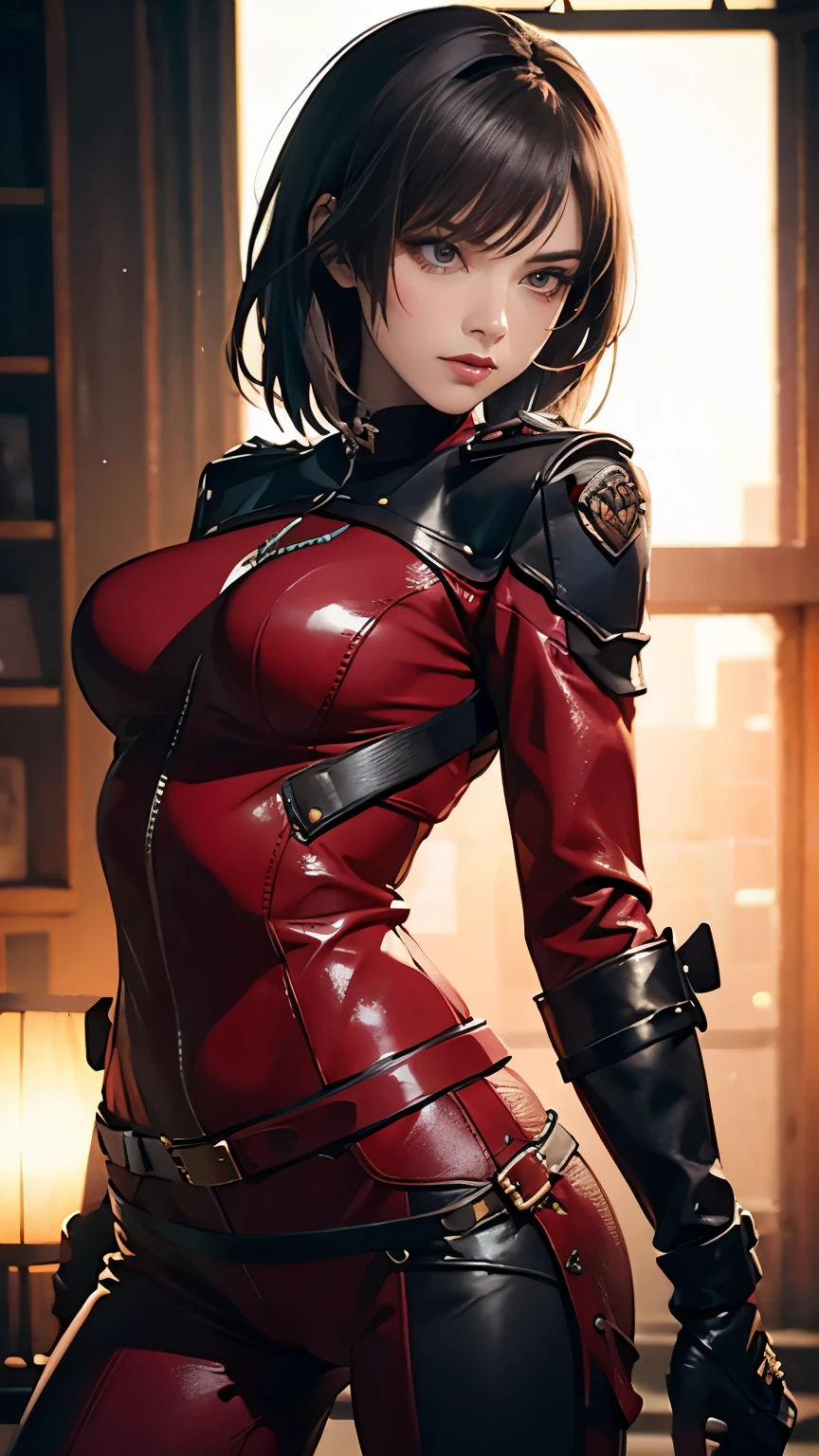 A beautiful 25 year old British female vampire mercenary with short dark hair, Pale skin, Wearing a red leather jacket and tight black pants, Carrying dual pistols, View from the front, Waist up shot, Dynamic pose, Ambient Lighting, Photographic realism, Intricate facial details, Exquisite handcrafted details, Very detailed, Vibrant colors, Cinematic, High resolution, Trending Style Raw on Artstation