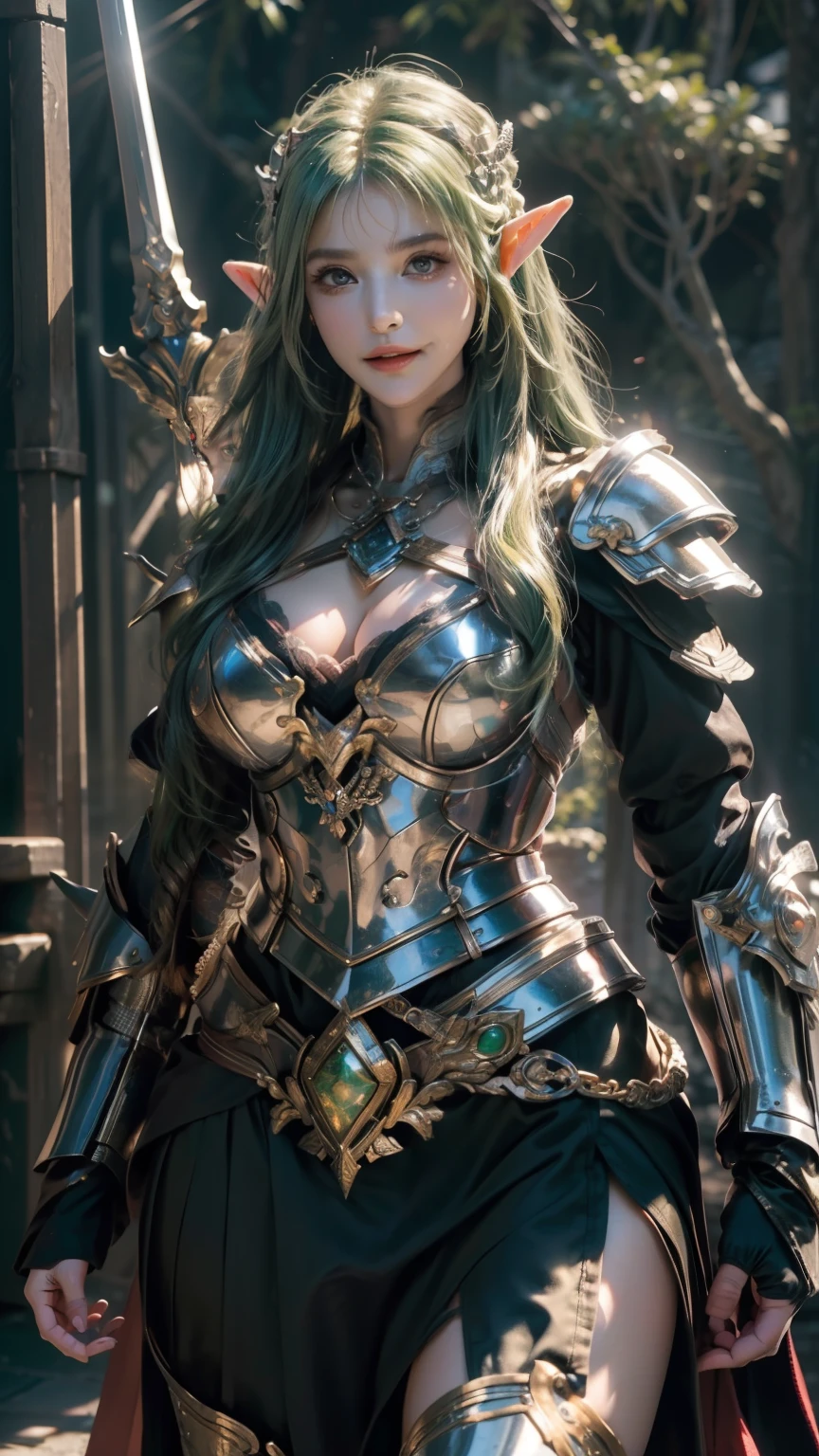(((masterpiece))),(((Elven Warrior))),The best quality at its best,High resolution,8k,(masterpiece:1.2), (highest quality:1.2), Perfect Eyes, Perfect Face, Volumetric lighting, One Woman, Mature Female Warrior, Mature Woman, armor, Robe, Shoulder rest, Club, belt, Fantasy, Outdoor, Detailed Background, compensate, lipstick, eye shadow, mascara, Thick eyelashes、whole body、smile、Smile、whole body、Long skirt、(((Berserker))),((Delicate hands holding a sword)),breastplate,((Big eyes)),((Big Breasts)).((Green Hair)),Westerners、