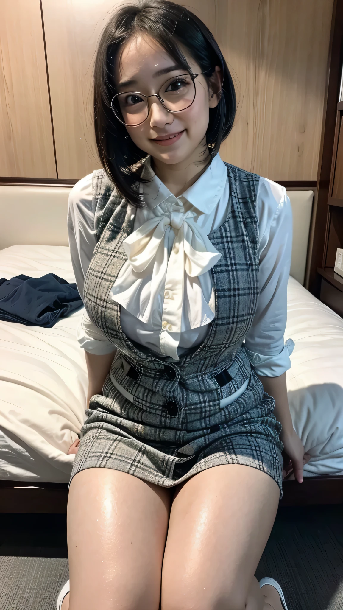 Ulzzang-6500-v1.1, (RAW Photos:1.2), (Photorealistic), (Genuine:1.4), (Pieces fly), A quiet, sober woman wearing glasses and a checked vest., Wear a tight micro mini skirt, Wearing glasses, A little chubby、(Ultra-realistic pantyhose:1.2), Thick lips、Yoshitomo Nara, , Japanese Goddess, Porn actress, Sexy Girl,  Geeky appearance,Geeky,Sexy Gaze, (A very loving smile:1.2)、 ((Full Body Shot:1.16))、Sit on the bed and seduce、Very large breasts bigger than a face, Ultra-realistic skin texture、Shiny skin、Very large breasts bigger than a face、Geeky random porn actress poses, Exposed thighs!!!