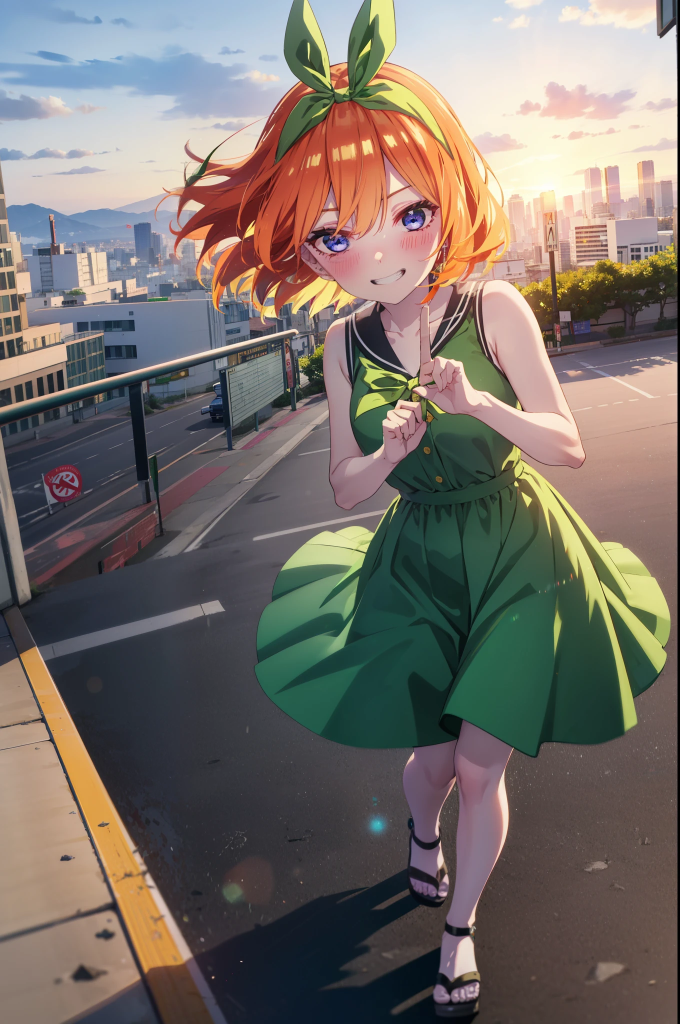 yotsubanakano, yotsuba nakano, bangs, short hair, blue eyes, Hair between the eyes, Hair Ribbon, hair band, Orange Hair, (Green ribbon:1.5), smile, Grin,smile,Sleeveless green dress,Bare arms,Green long skirt,Cute heeled sandals,Holding a peace sign with his right hand,sunset,evening,The sun goes down,My hair is blowing in the wind,whole bodyがイラストに入るように,Looking down from above,
break outdoors, city,海岸通り
break looking at viewer, whole body,
break (masterpiece:1.2), highest quality, High resolution, unity 8k wallpaper, (shape:0.8), (Beautiful details:1.6), Highly detailed face, Perfect lighting, Extremely detailed CG, (Perfect hands, Perfect Anatomy),