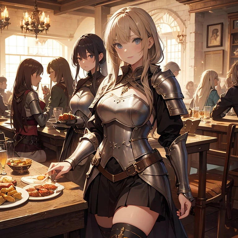 A group of female medieval fantasy adventurers, (in tavern), various hair styles, harem, night, details face, short skirt, seducing, armor