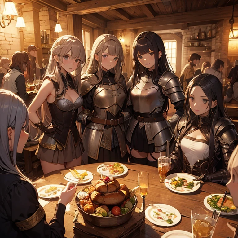 A group of female medieval fantasy adventurers, (in tavern), various hair styles, harem, night, details face, short skirt, seducing, armor