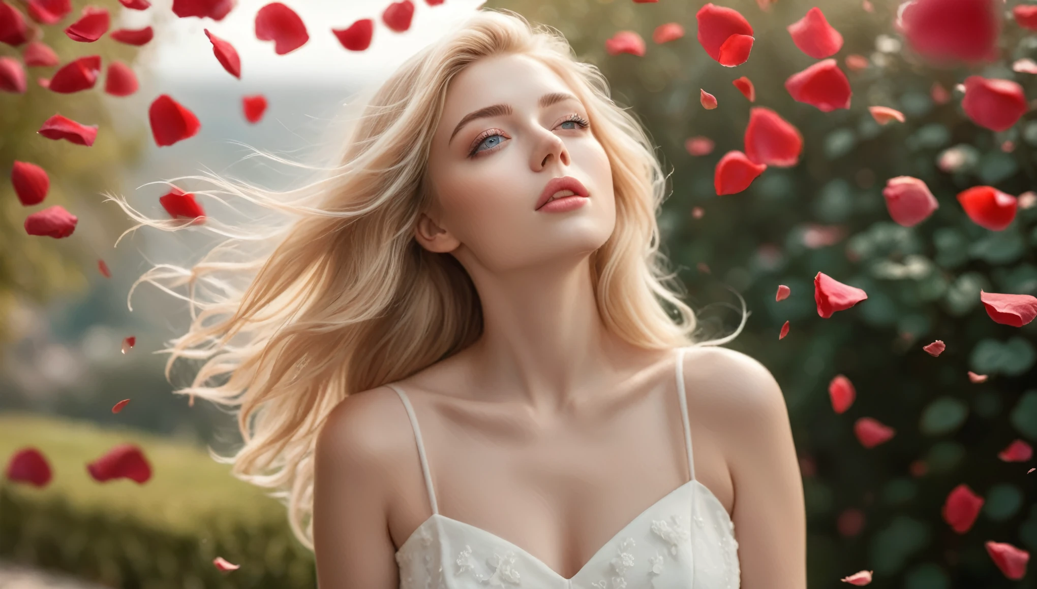 (best quality, realistic, ultra-detailed), a beautiful woman looking up, hair blowing in the wind, and red rose petals falling. perfect makeup, detailed eyes, and lips, long flowing blonde hair, graceful pose, vibrant colors, soft lighting, romantic atmosphere, elegant and confident expression, delicate features, flowing dress, natural surroundings, dreamy ambiance. canon eos r3, 20 megapixels
