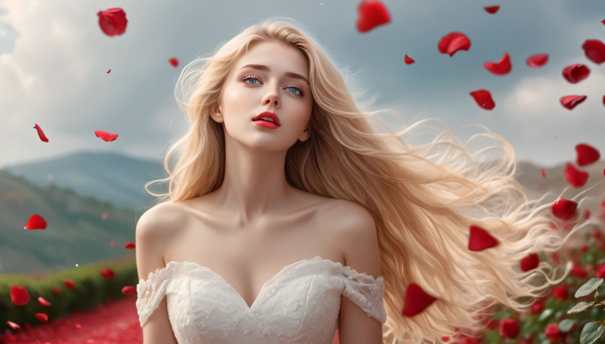 (best quality, realistic, ultra-detailed), a beautiful woman looking up, hair blowing in the wind, and red rose petals falling. perfect makeup, detailed eyes, and lips, long flowing blonde hair, graceful pose, vibrant colors, soft lighting, romantic atmosphere, elegant and confident expression, delicate features, flowing dress, natural surroundings, dreamy ambiance. canon eos r3, 20 megapixels