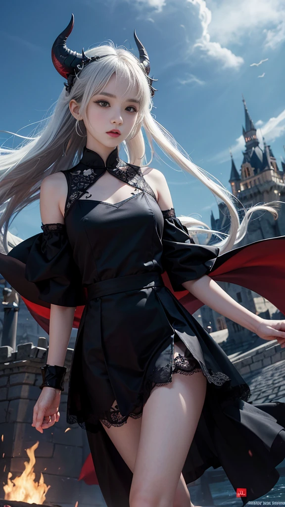 ((best quality)), ((masterpiece)), ((Super detailed)) ((Ultra High detail)) Realistic beautiful girl, white hair, red eyes, Black lace bra, Short black lace skirt, thigh highs, high heels, lightning background.