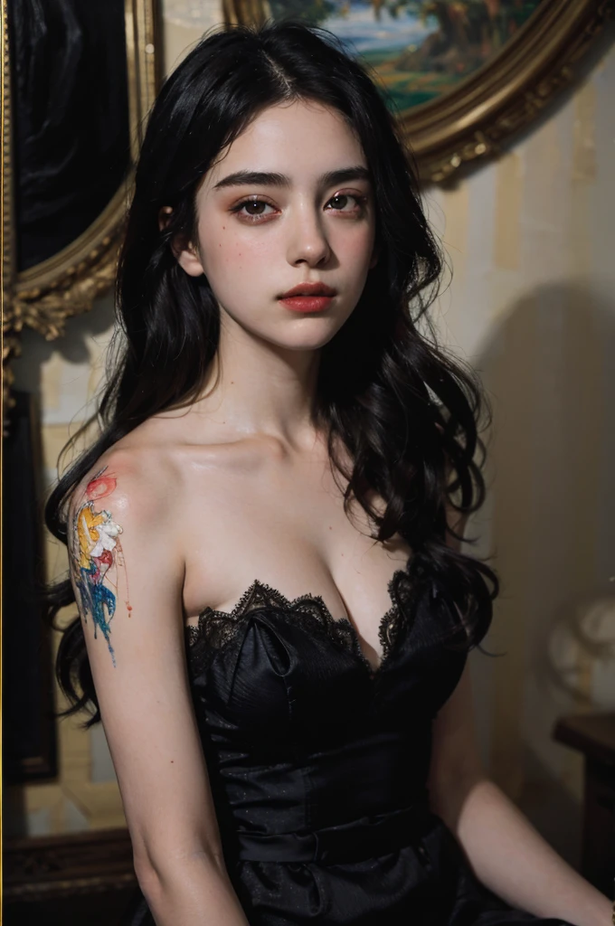 (masterpiece, top quality, best quality,8k, girl,ultra detailed,raw photo:1.5),(photorealistic:1.4),(cinematic lighting), PerfectNwsjMajic, , Surrealism, UHD, ccurate, Super detail, textured skin, High detail, Best quality, dynamic angle, (high nose,White skin),[Beautiful eyes],[flat chest:large breasts:0.5],(1girl),(good anatomy:0.5)),(Oil painting: 1.5),

\\

A woman with long black hair,(dress victoria,fashion victoria,victorian, France), (a detailed painting: 0.353), (Gothic art: 0.106)