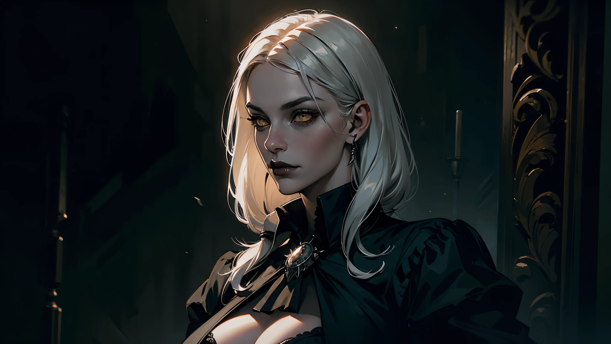 Woman with silver hair and yellow eyes in black shirt, black lips,  huge breasts, Vampire Girl, Dark, But detailed digital art, dark fantasy style art, Portrait of a vampire, androgynous vampire, Dark art style, style of charlie bowater, gothic horror vibes, tom bagshaw artstyle, gothic art style, dark fantasy portrait, neoartcore and charlie bowater