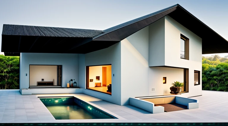 modern villa, pristine, grass, swimming pool, terrace with outdoor sitting space, big windows, in the style of bohemian chic and japandi, lush tropical background, architectural details, highly detailed