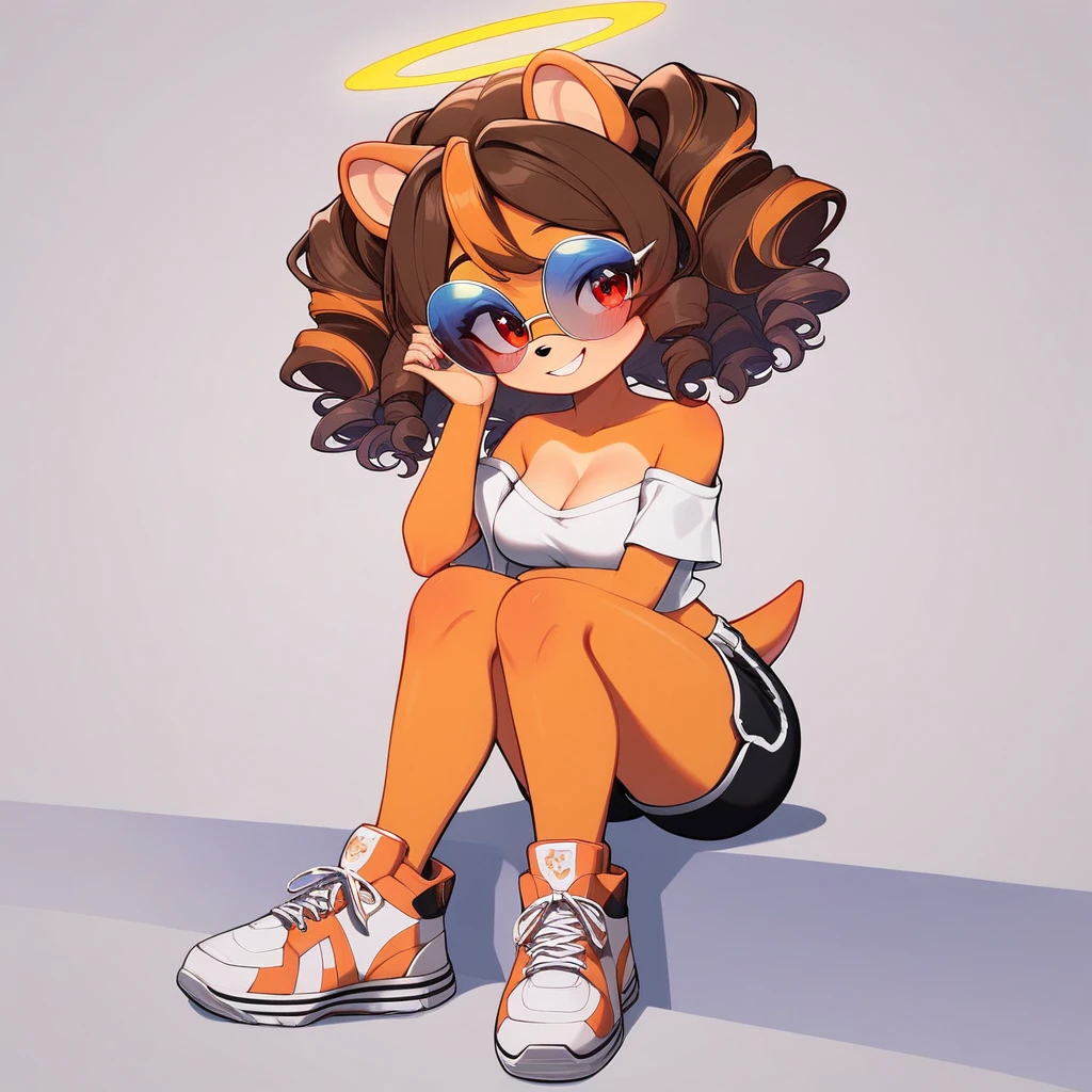 score_9, score_8_up, score_7_up, mobian, hedgehog, two-tone fur ((orange fur, brown fur)), pyjama elastic shorts, strapless crop top, cleavage, high-top sneakers, two-tone hair (brown hair, black tip)), curly hair, halo, sunglasses, jewelry, red eyes, longeyelashes, red eyes, smile, shy, blush, high detail, masterpiece, UHD, anatomically correct, super detail, highres, 4K