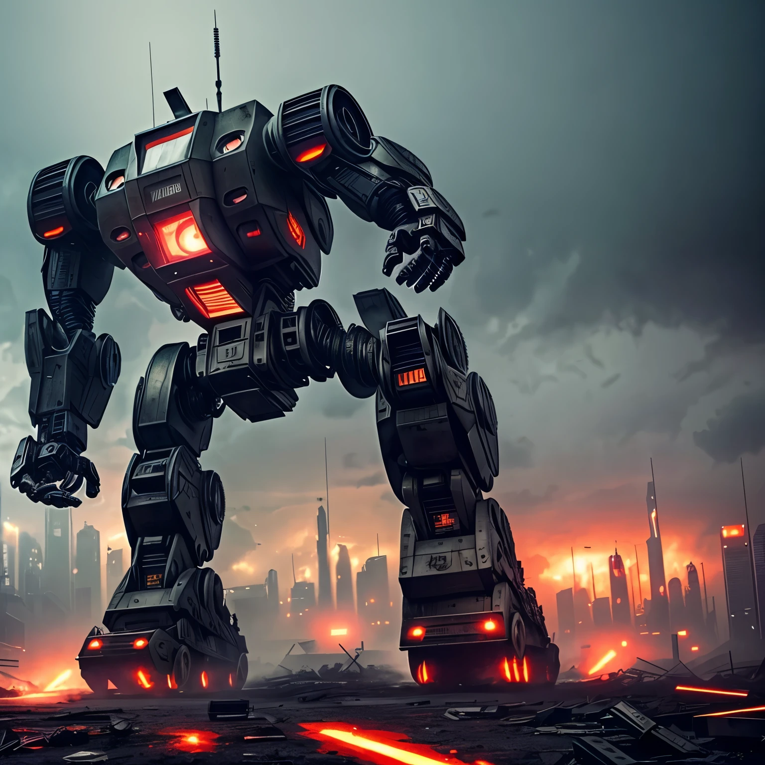A highly detailed terminator style cinematic scene, many robots and humanoid robot fighting in a totally destroyed city , futuristic mechanical limbs, dusty and foggy and dark, advanced weaponry, dystopian cityscape, ruined destroyed skyscrapers, volumetric fog, cinematic dramatic lighting, photorealistic, 8k, hyper detailed, intricate mechanical parts, battle damage, laser energy effects, advanced technology, moody color palette, gritty atmosphere