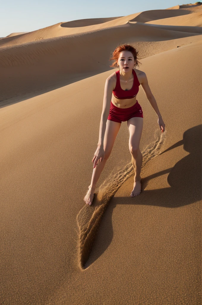 Filming location: Vast desert dune hairstyle: Short Red Hair Pose: Action shot of a sandboarder sliding down a sand dune: Lightweight activewear
